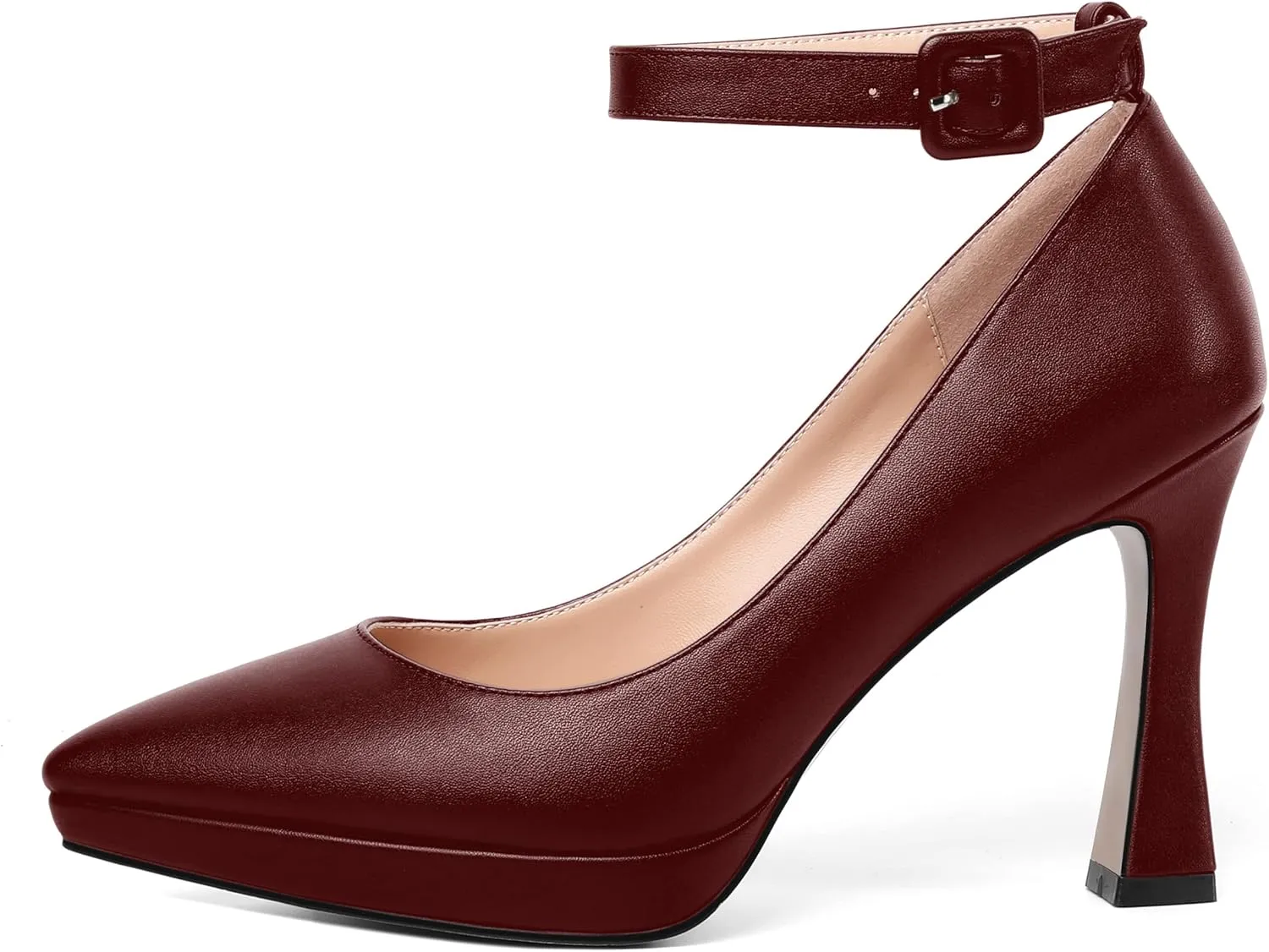 AMBELIGHT Womens Ankle Strap Dress Shoes Pointed Toe Evening Platform Buckle Matte Dress Chunky High Heel Pumps Shoes 4 Inch