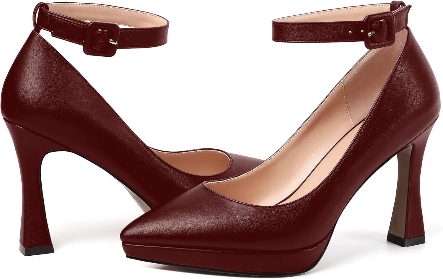 AMBELIGHT Womens Ankle Strap Dress Shoes Pointed Toe Evening Platform Buckle Matte Dress Chunky High Heel Pumps Shoes 4 Inch