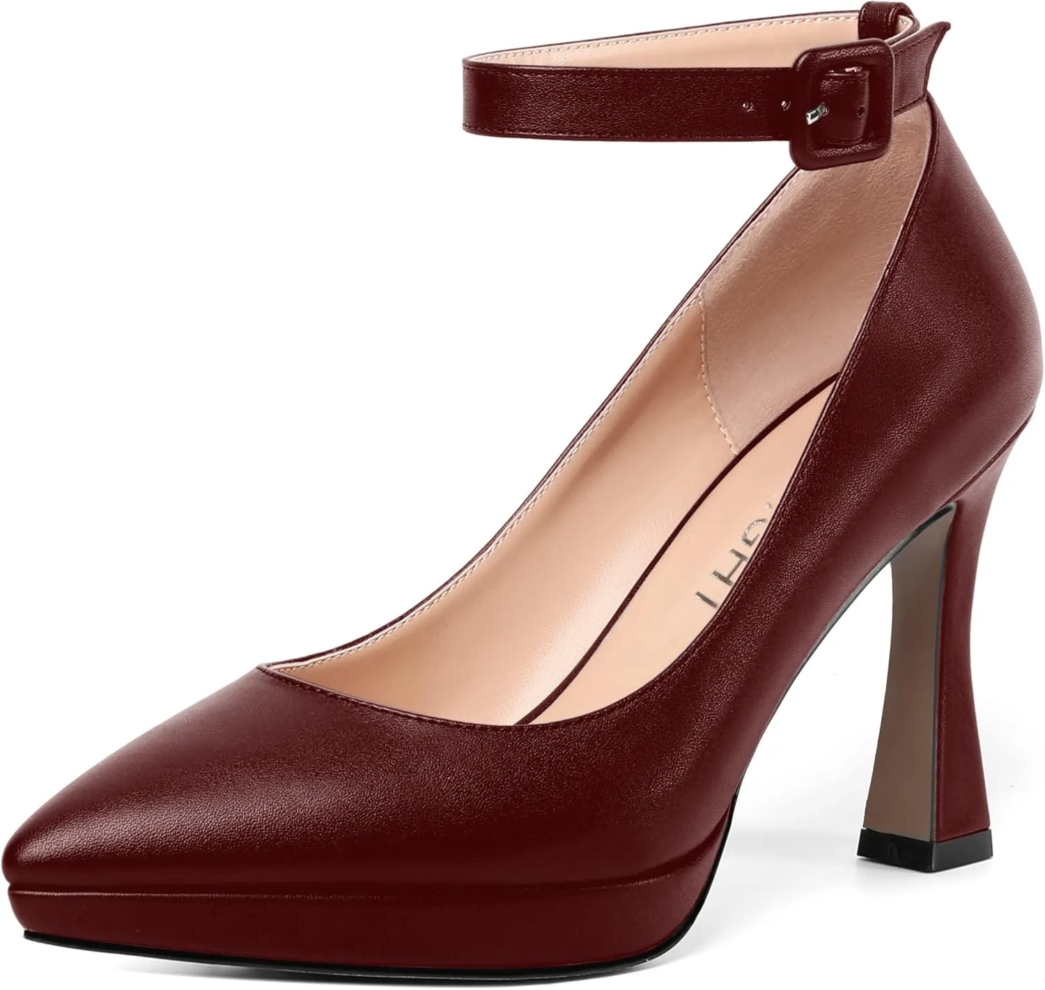 AMBELIGHT Womens Ankle Strap Dress Shoes Pointed Toe Evening Platform Buckle Matte Dress Chunky High Heel Pumps Shoes 4 Inch