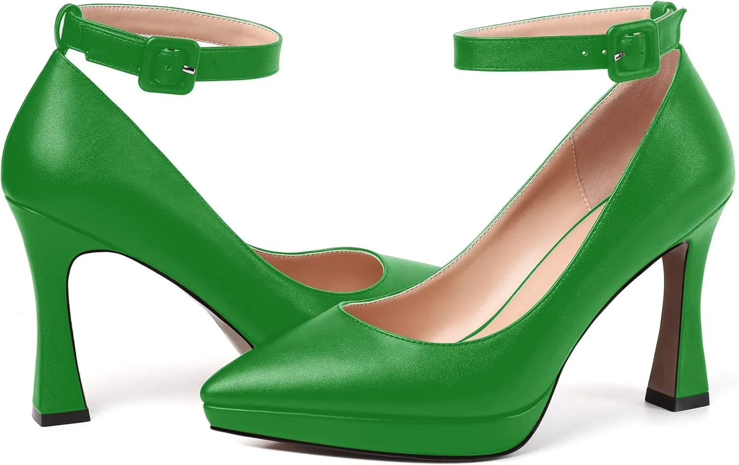 AMBELIGHT Womens Ankle Strap Dress Shoes Pointed Toe Evening Platform Buckle Matte Dress Chunky High Heel Pumps Shoes 4 Inch