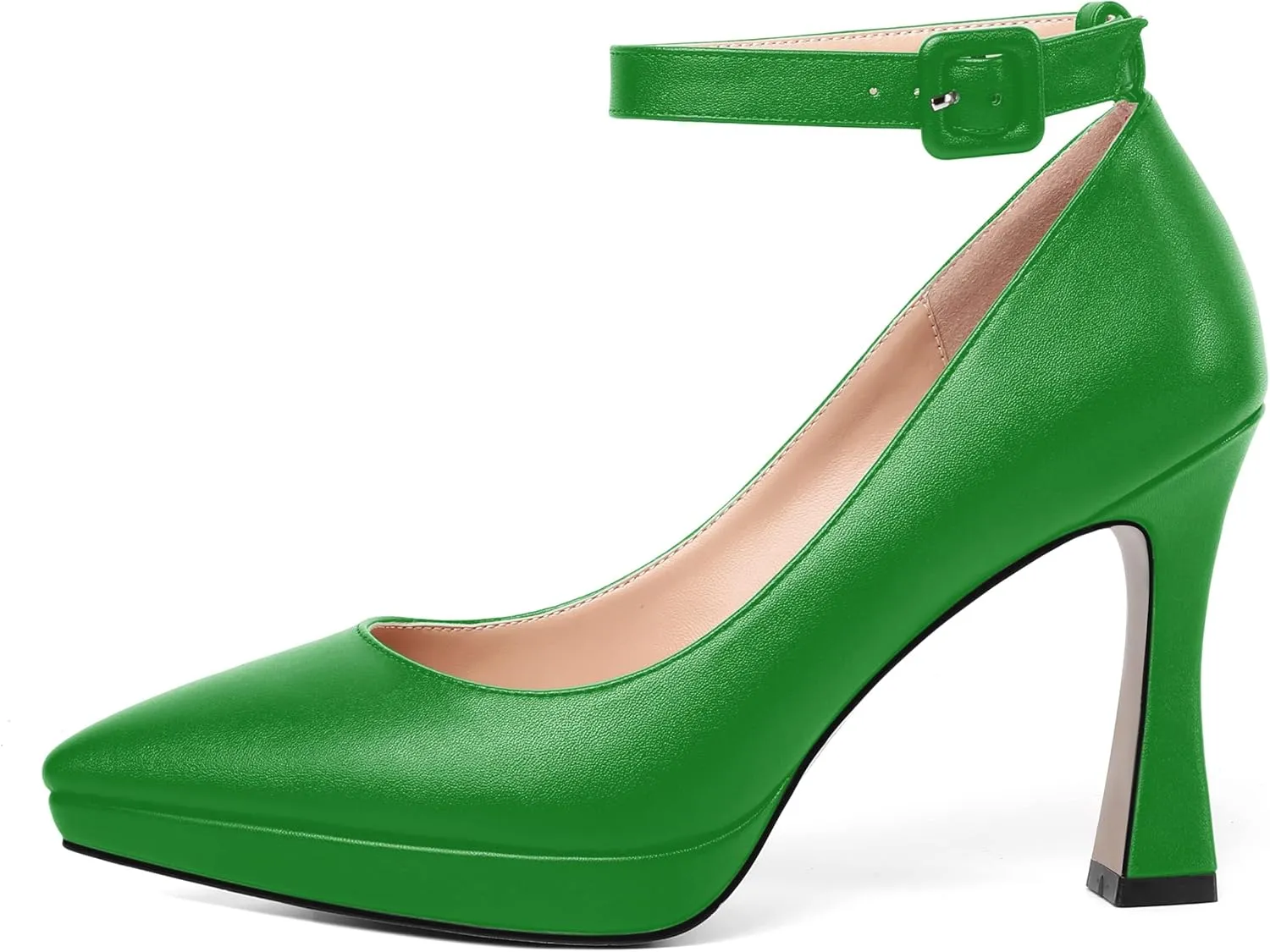 AMBELIGHT Womens Ankle Strap Dress Shoes Pointed Toe Evening Platform Buckle Matte Dress Chunky High Heel Pumps Shoes 4 Inch