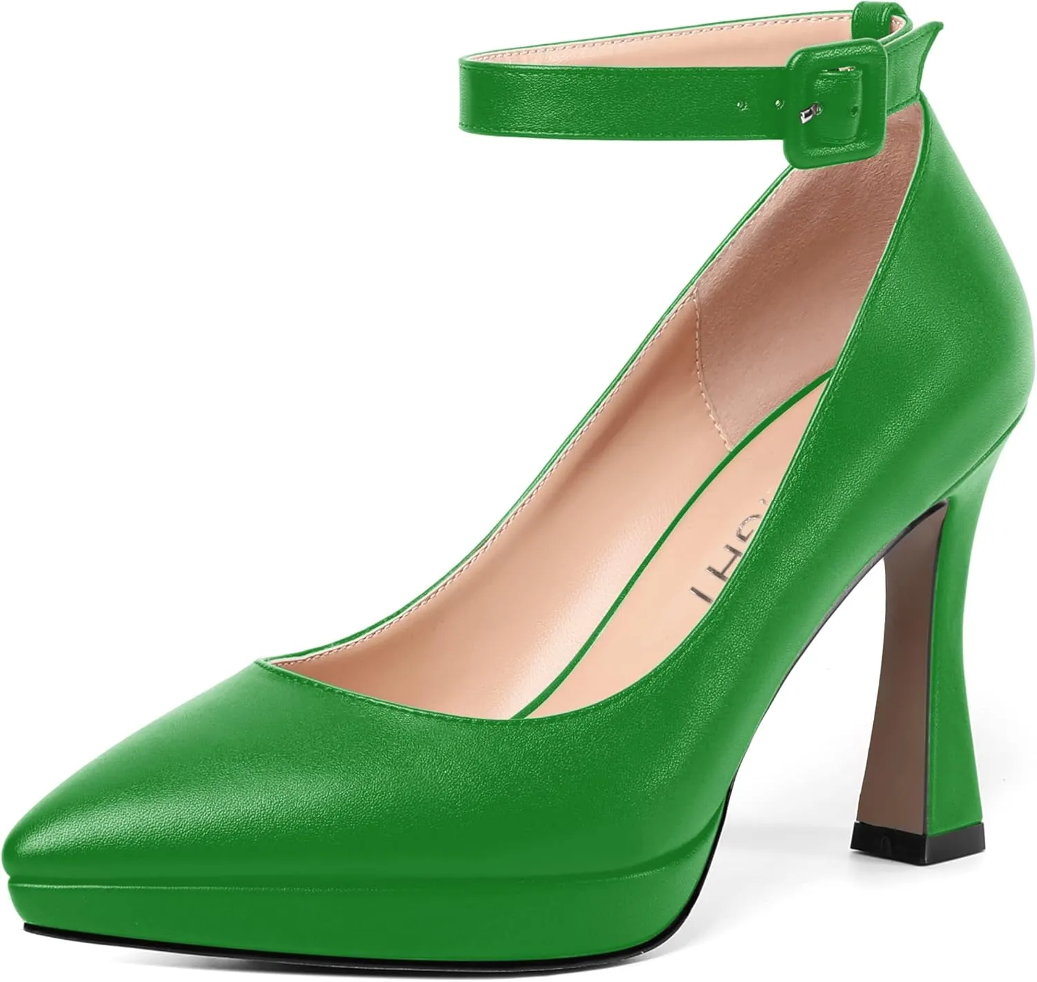AMBELIGHT Womens Ankle Strap Dress Shoes Pointed Toe Evening Platform Buckle Matte Dress Chunky High Heel Pumps Shoes 4 Inch