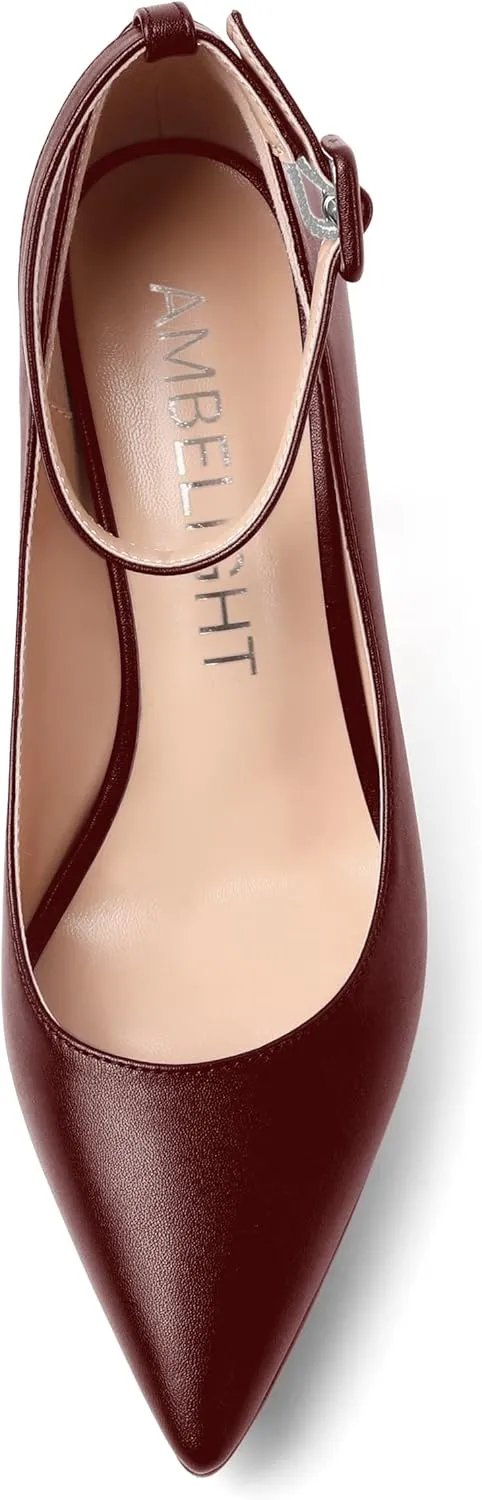 AMBELIGHT Womens Ankle Strap Dress Shoes Pointed Toe Evening Platform Buckle Matte Dress Chunky High Heel Pumps Shoes 4 Inch