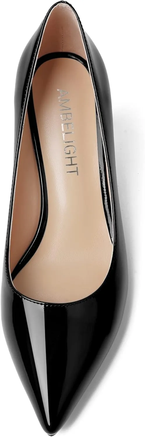 AMBELIGHT Womens Office Slip On Patent Solid Pointed Toe Casual Kitten Mid Heel Pumps Shoes 2.5 Inch