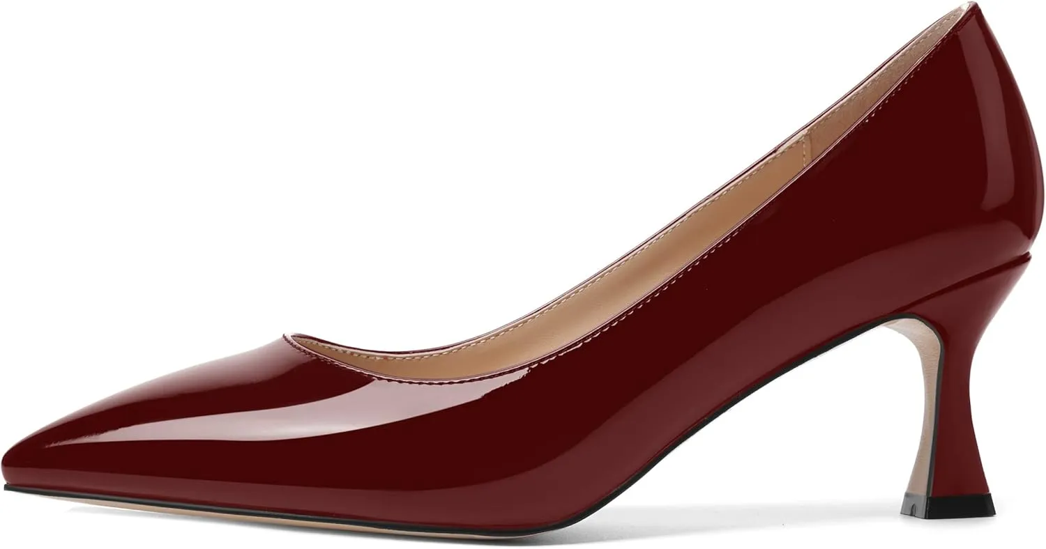 AMBELIGHT Womens Office Slip On Patent Solid Pointed Toe Casual Kitten Mid Heel Pumps Shoes 2.5 Inch