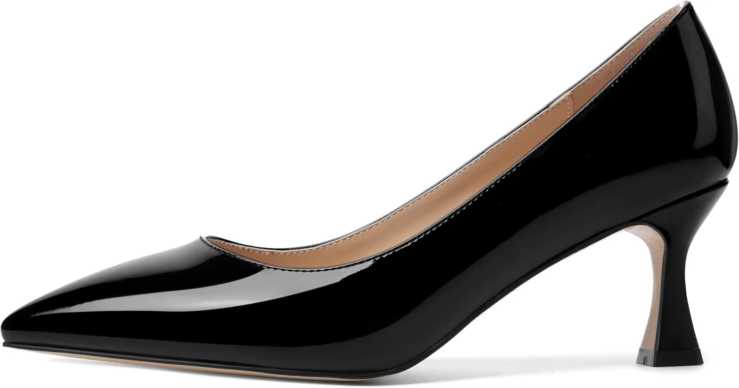 AMBELIGHT Womens Office Slip On Patent Solid Pointed Toe Casual Kitten Mid Heel Pumps Shoes 2.5 Inch