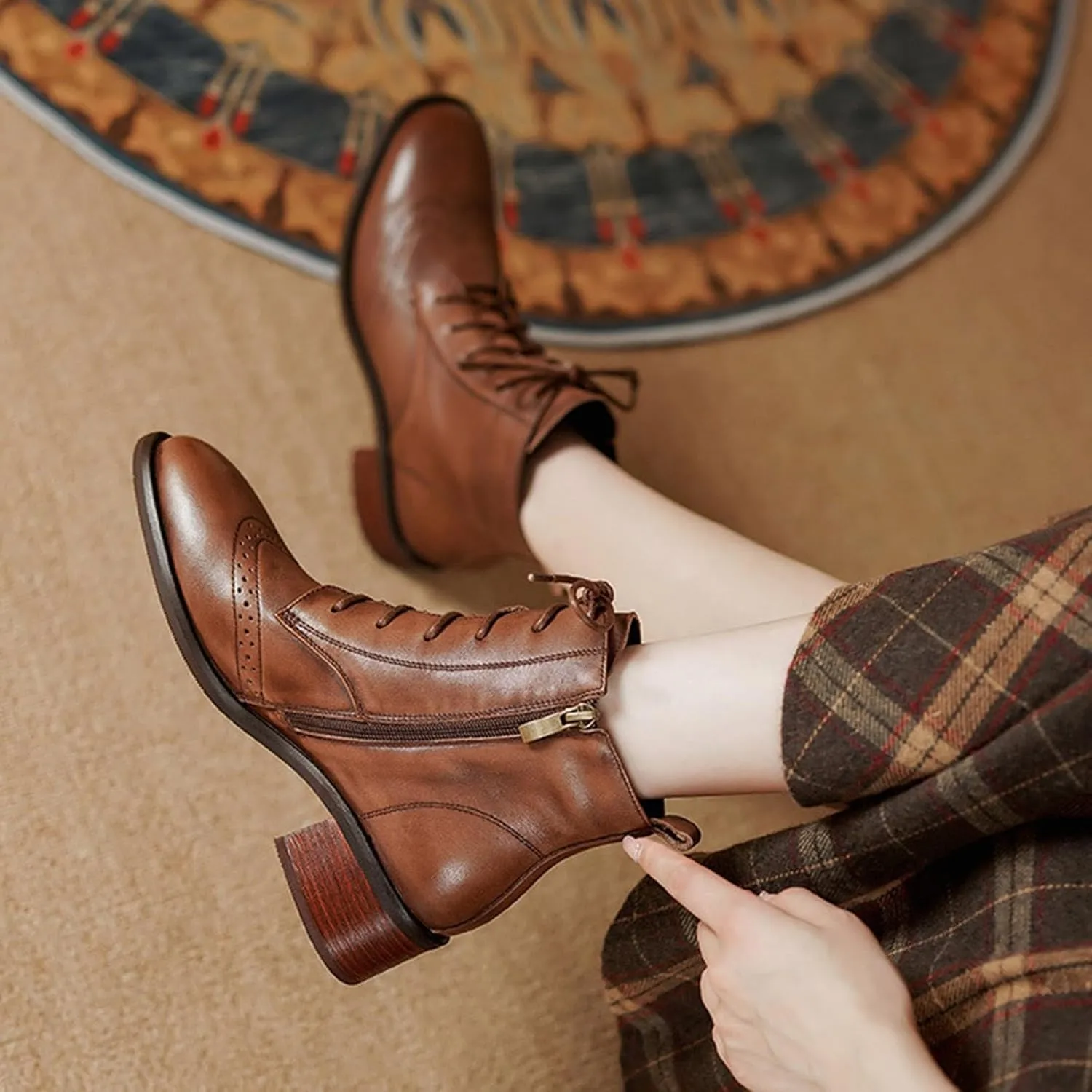 Ankle Boots for Women Dressy Leather Boots for Women PU Leather Fashion Pointed Toe Chunky Heels Lace up Side Zipper