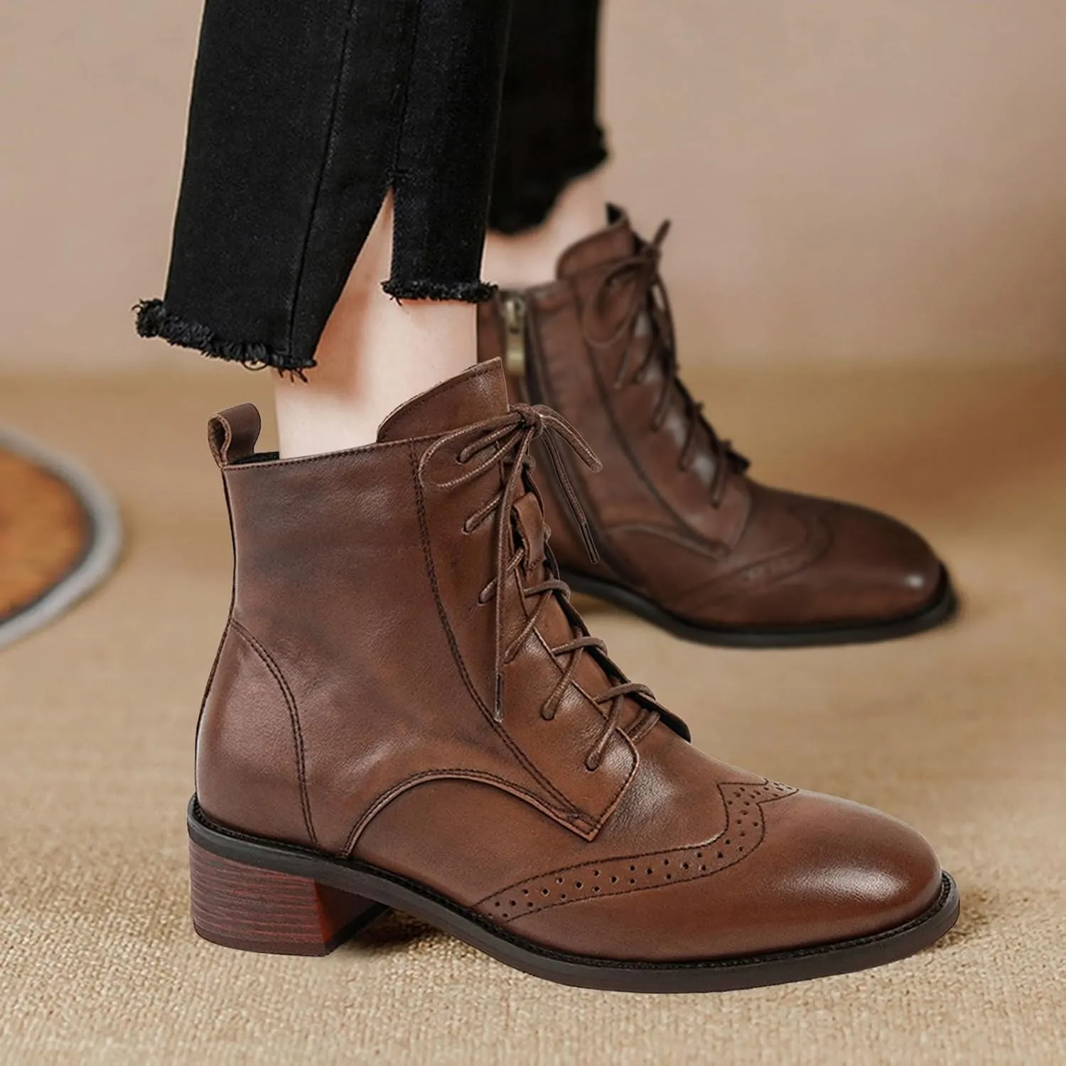 Ankle Boots for Women Dressy Leather Boots for Women PU Leather Fashion Pointed Toe Chunky Heels Lace up Side Zipper