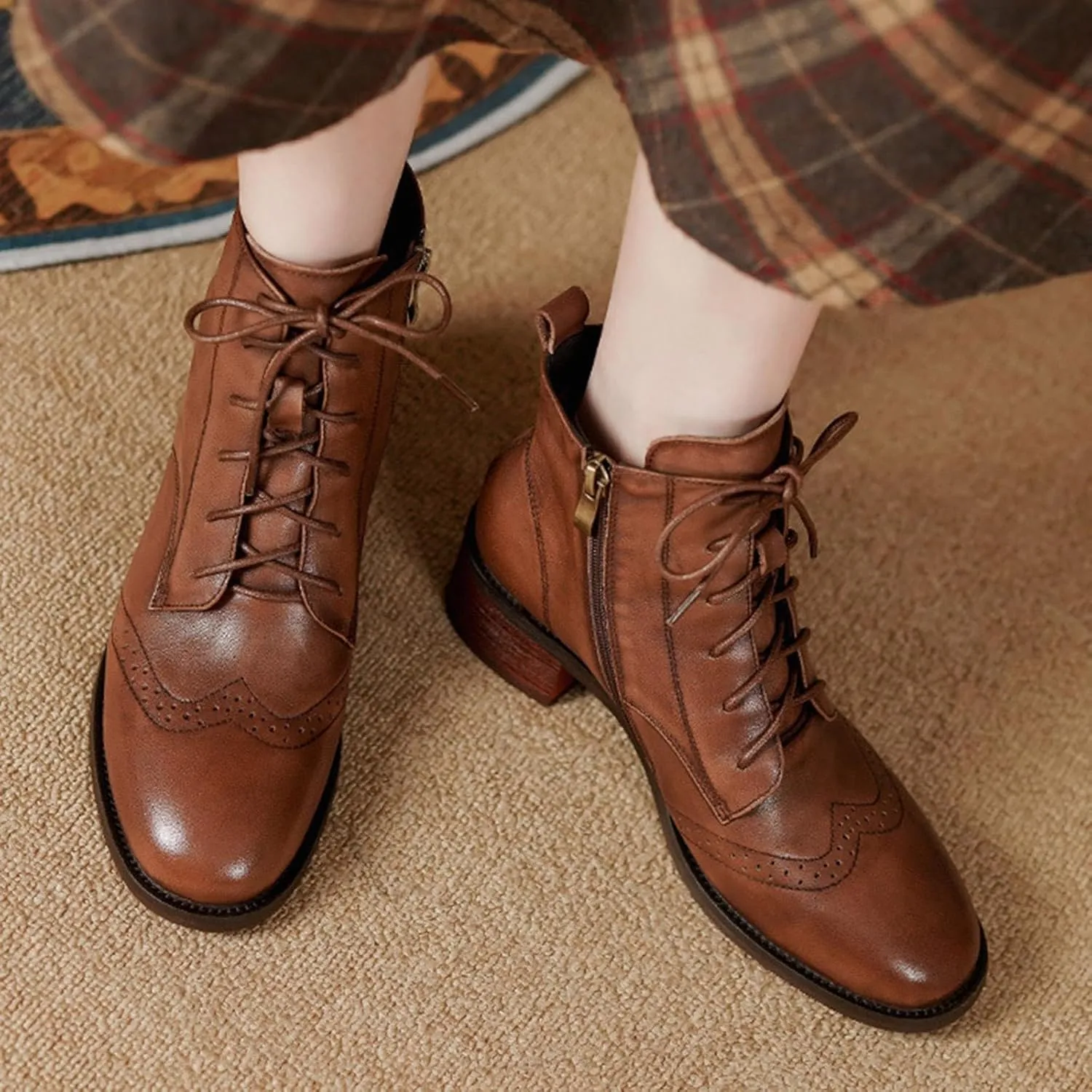 Ankle Boots for Women Dressy Leather Boots for Women PU Leather Fashion Pointed Toe Chunky Heels Lace up Side Zipper