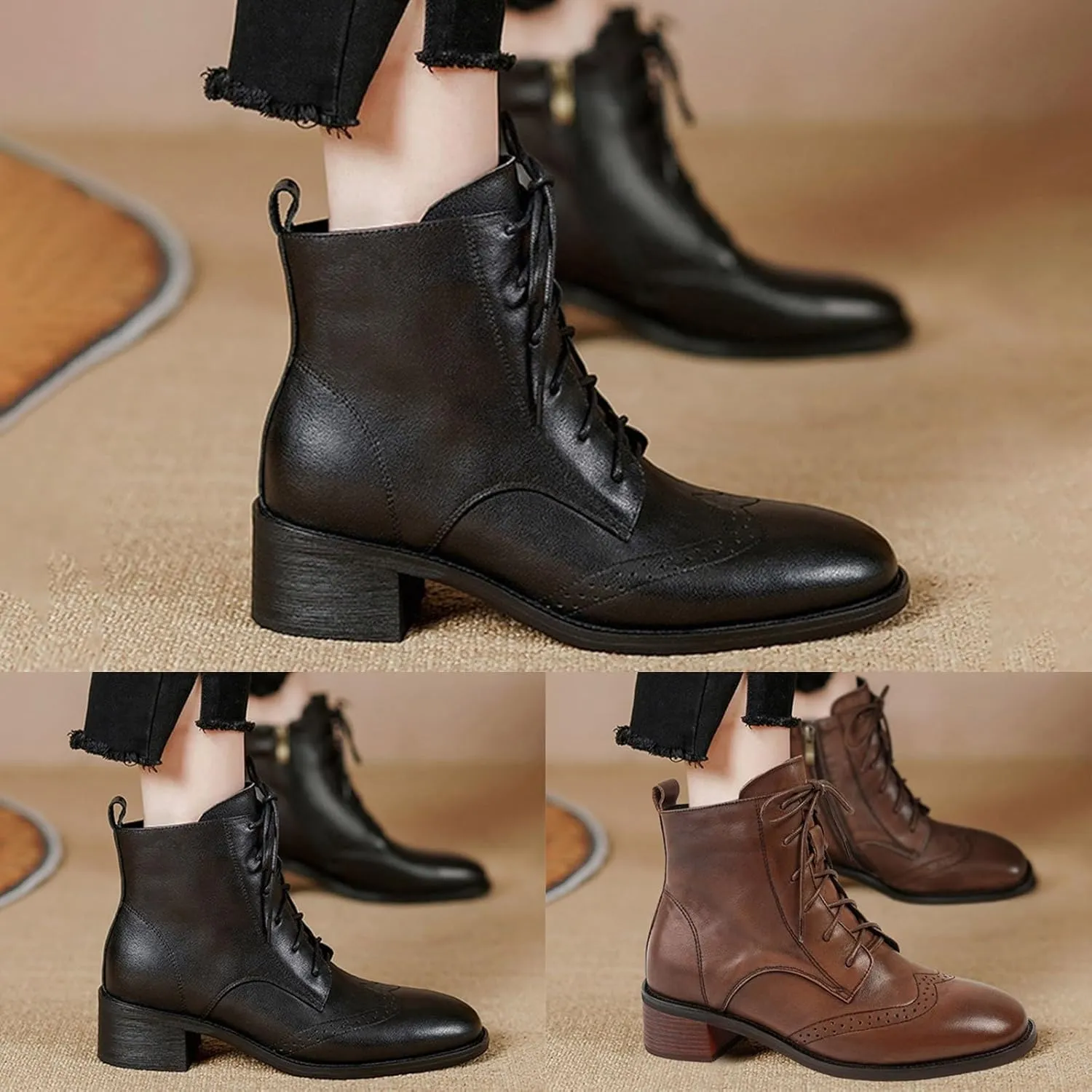 Ankle Boots for Women Dressy Leather Boots for Women PU Leather Fashion Pointed Toe Chunky Heels Lace up Side Zipper
