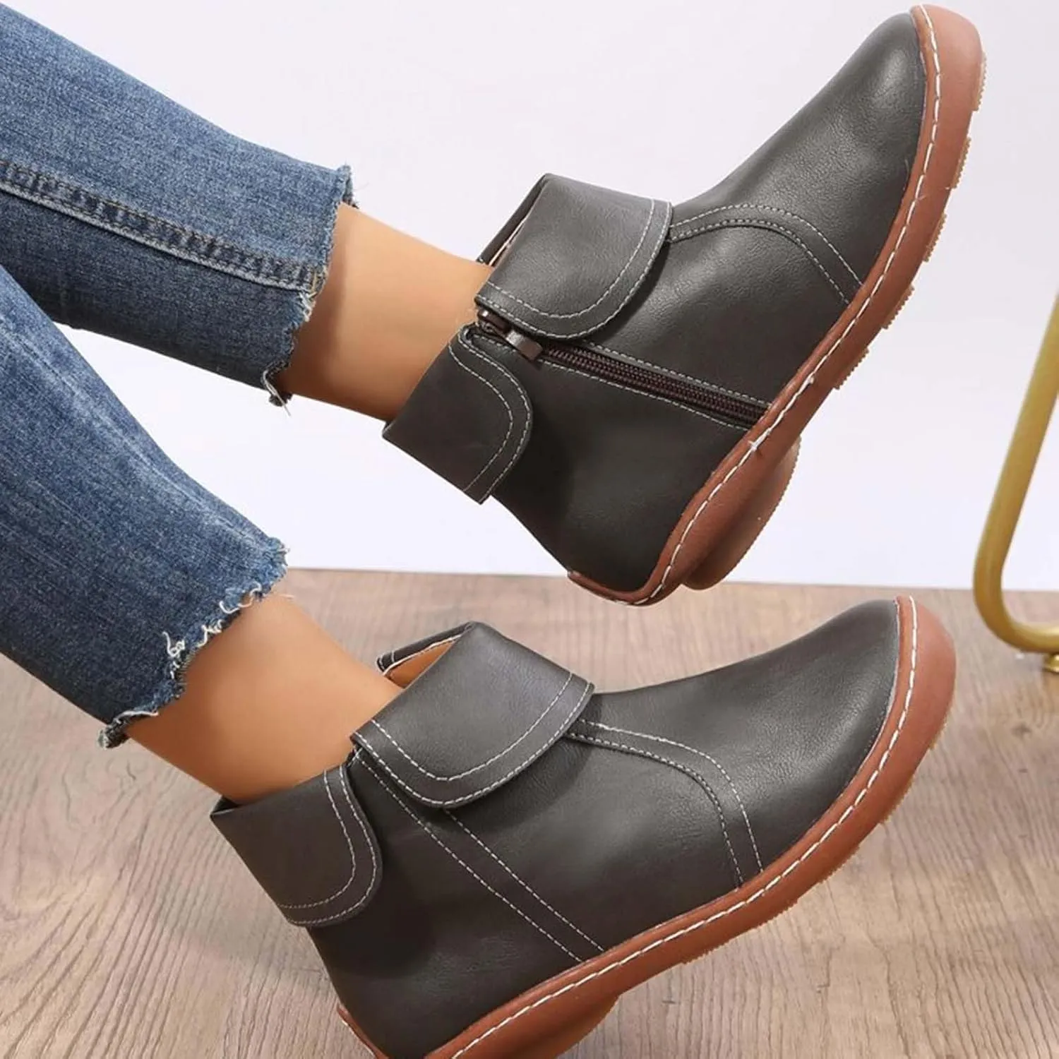 Ankle Boots for Women No Heel Side Zipper 2024 New Vintage Leather Dressy Arch Support Damping Leather Shoes Booties