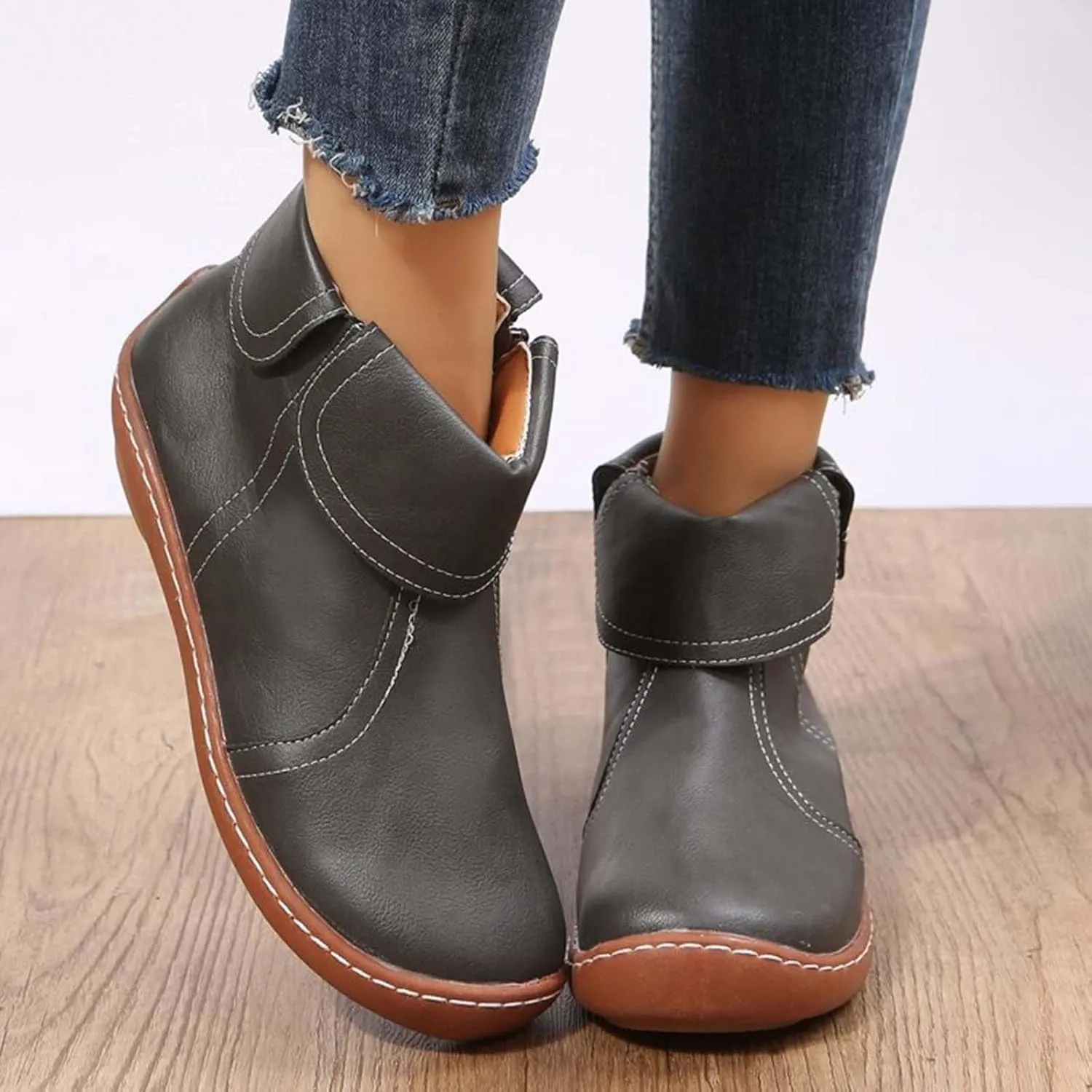 Ankle Boots for Women No Heel Side Zipper 2024 New Vintage Leather Dressy Arch Support Damping Leather Shoes Booties