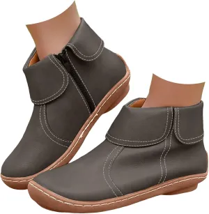 Ankle Boots for Women No Heel Side Zipper 2024 New Vintage Leather Dressy Arch Support Damping Leather Shoes Booties