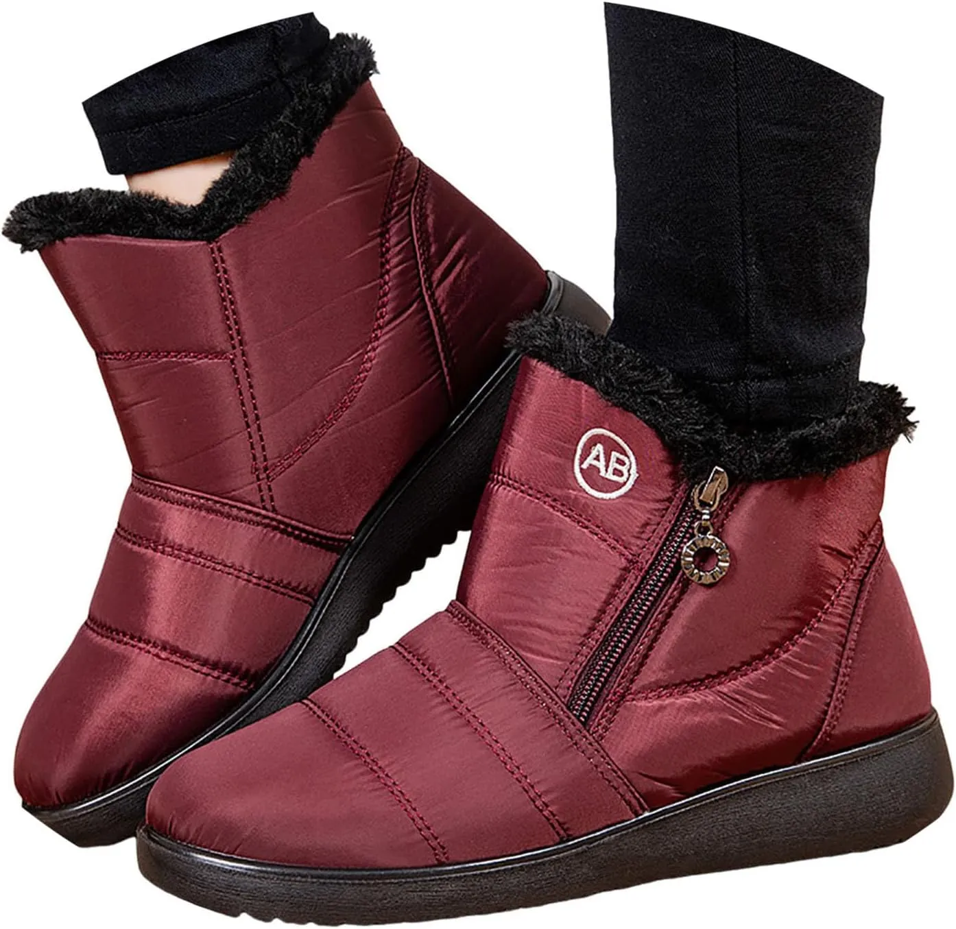 Ankle Boots for Women Warm Fur Lined Winter Snow Boots Outdoor Comfortable Flat Booties Leather Round Toe Booties