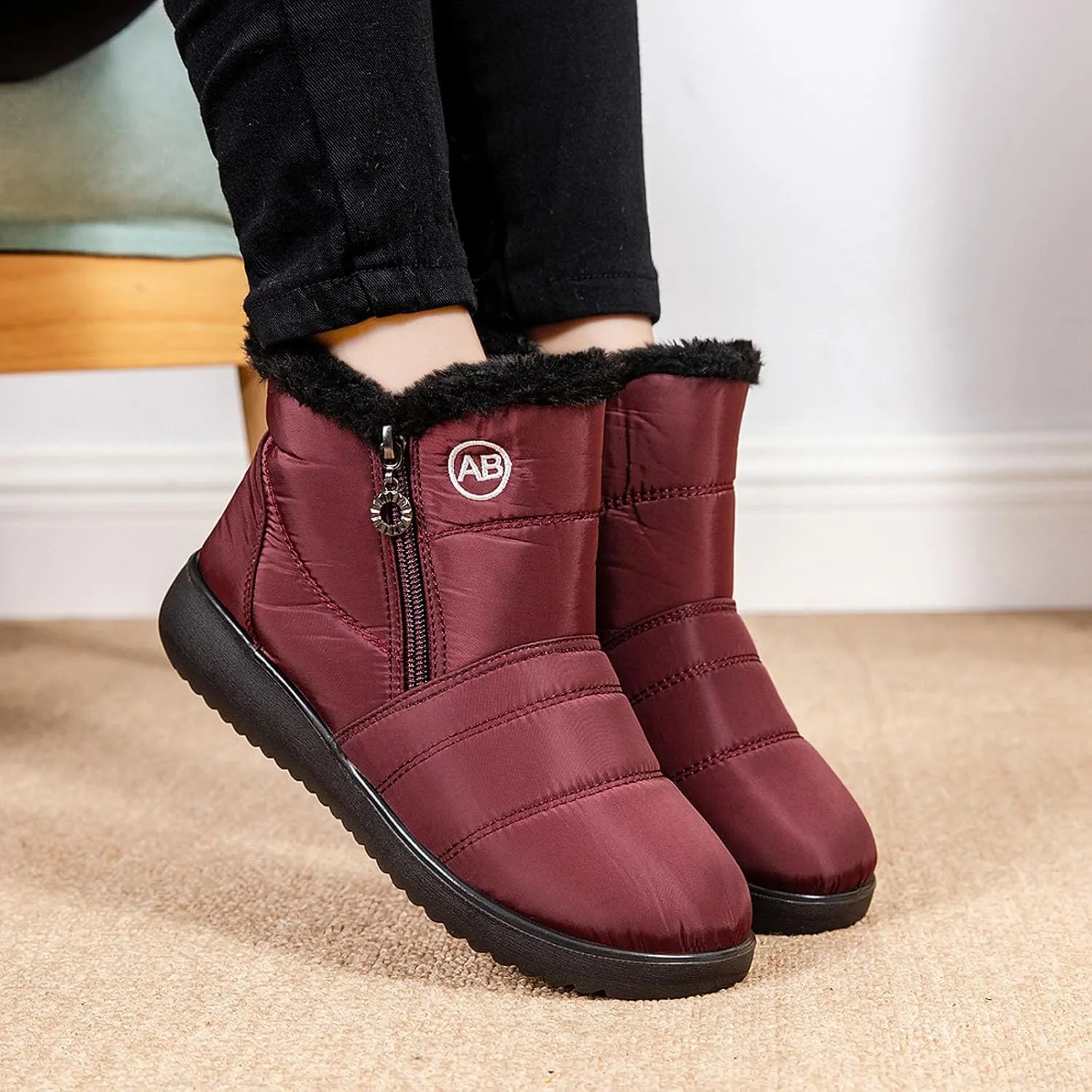 Ankle Boots for Women Warm Fur Lined Winter Snow Boots Outdoor Comfortable Flat Booties Leather Round Toe Booties