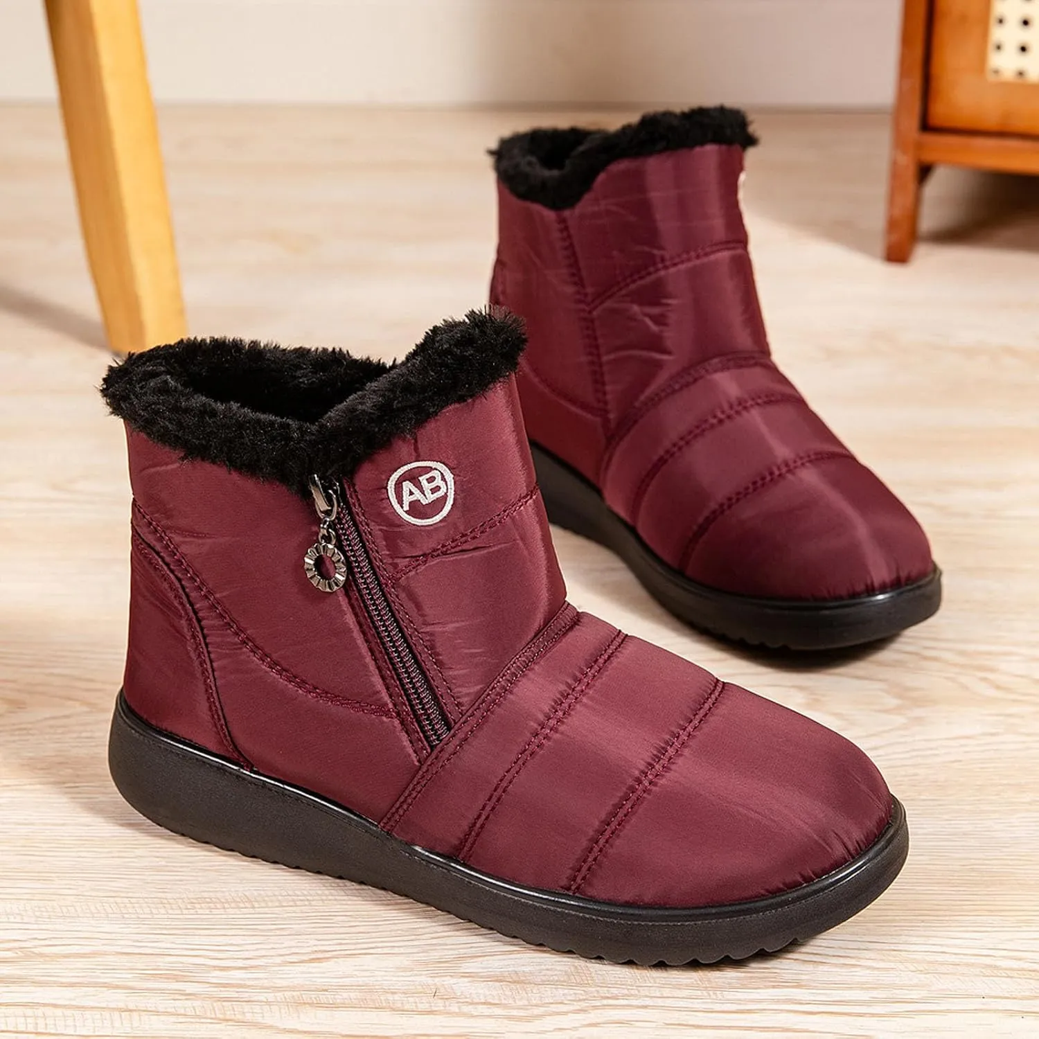 Ankle Boots for Women Warm Fur Lined Winter Snow Boots Outdoor Comfortable Flat Booties Leather Round Toe Booties