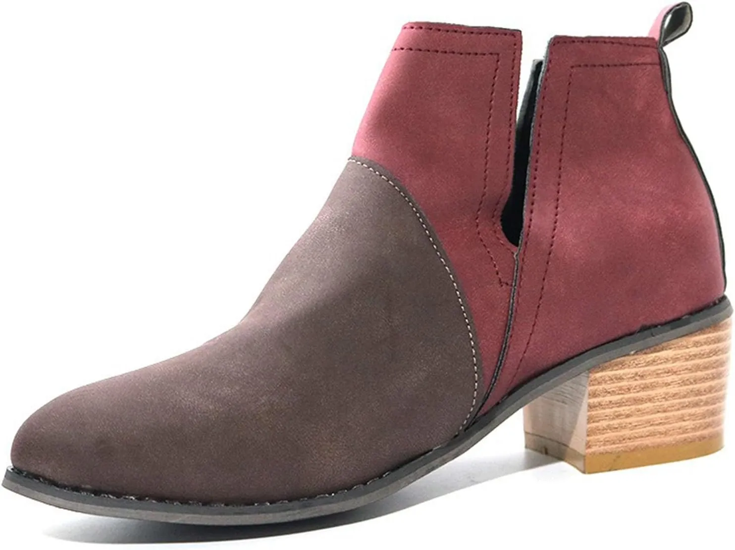 Ankle Boots for Women Women's V Cut Ankle Booties Low Stacked Heel Closed Toe Perforated Slipon Faux Leather Western Boots