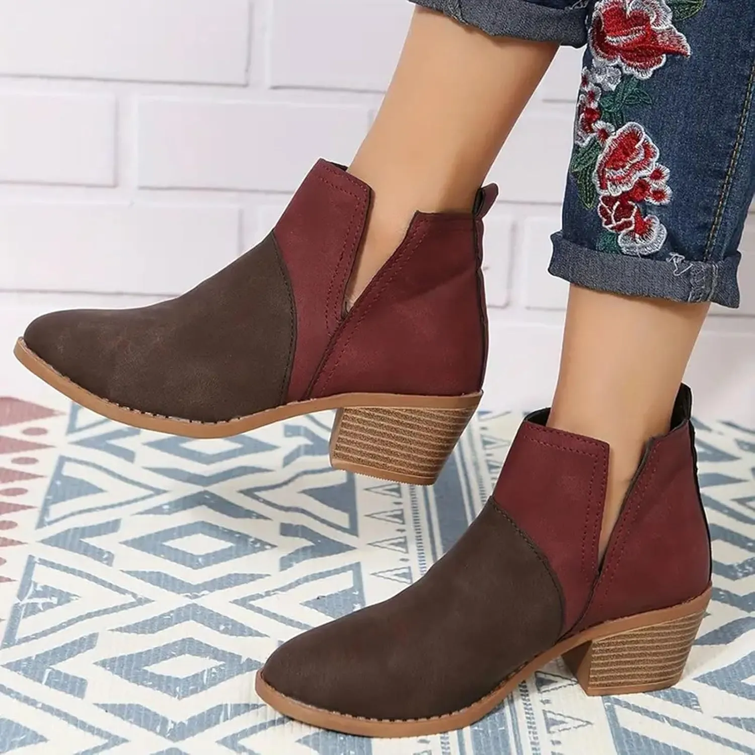 Ankle Boots for Women Women's V Cut Ankle Booties Low Stacked Heel Closed Toe Perforated Slipon Faux Leather Western Boots