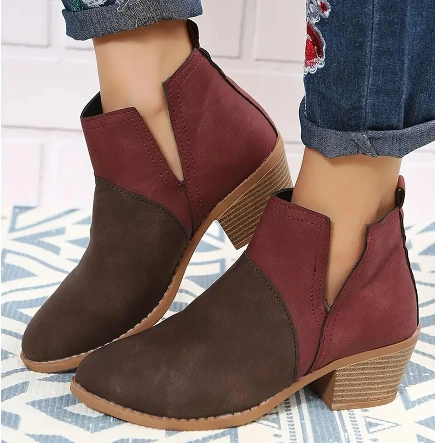Ankle Boots for Women Women's V Cut Ankle Booties Low Stacked Heel Closed Toe Perforated Slipon Faux Leather Western Boots