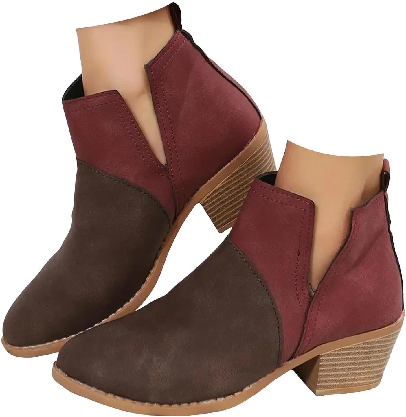 Ankle Boots for Women Women's V Cut Ankle Booties Low Stacked Heel Closed Toe Perforated Slipon Faux Leather Western Boots