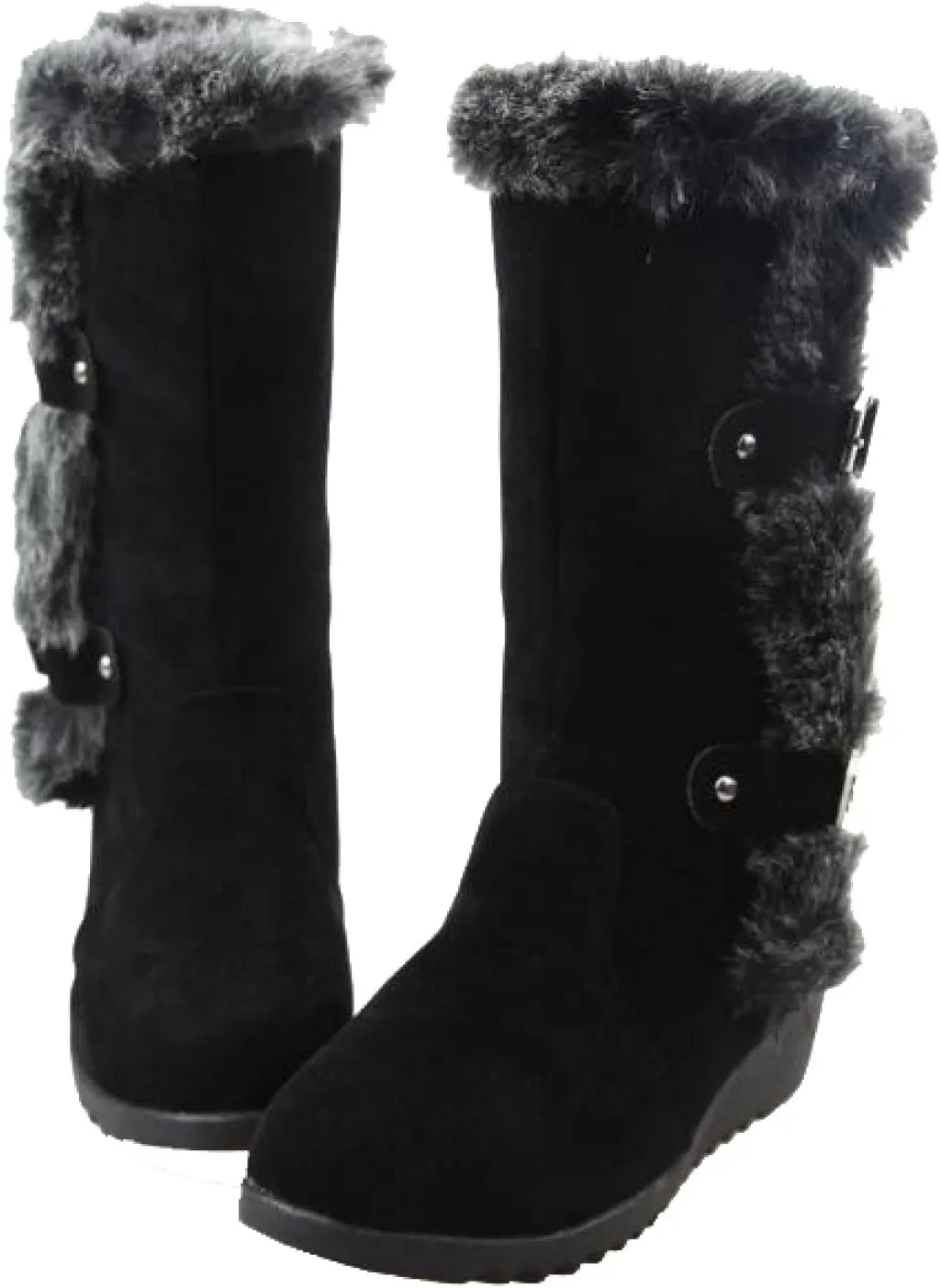 Bcshiye Women's Mid Calf Fashion Winter Snow Boots Cold Weather Furry Fluffy Buckle Ankle Snow Booties Fur Warm Shoes