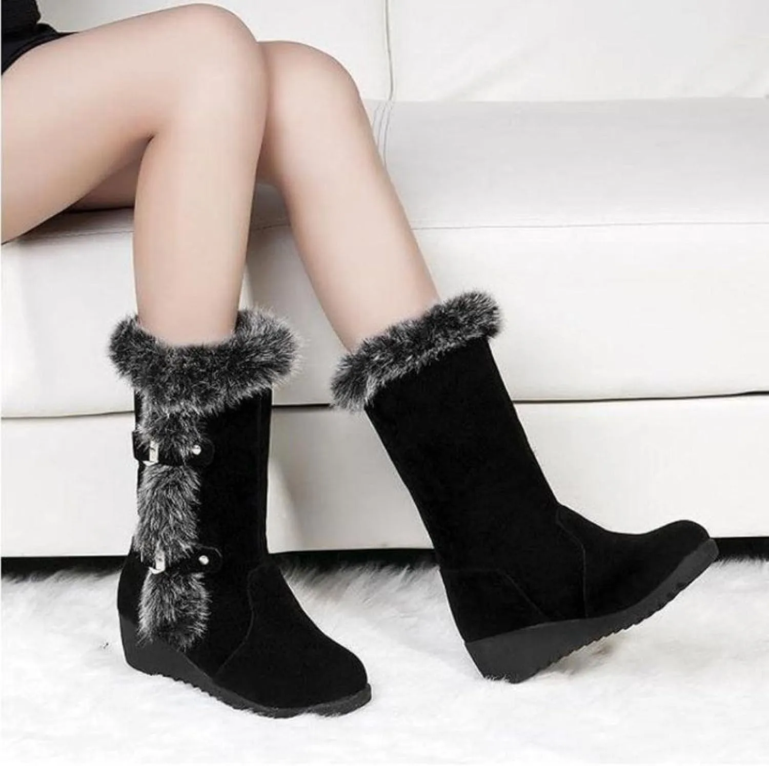 Bcshiye Women's Mid Calf Fashion Winter Snow Boots Cold Weather Furry Fluffy Buckle Ankle Snow Booties Fur Warm Shoes