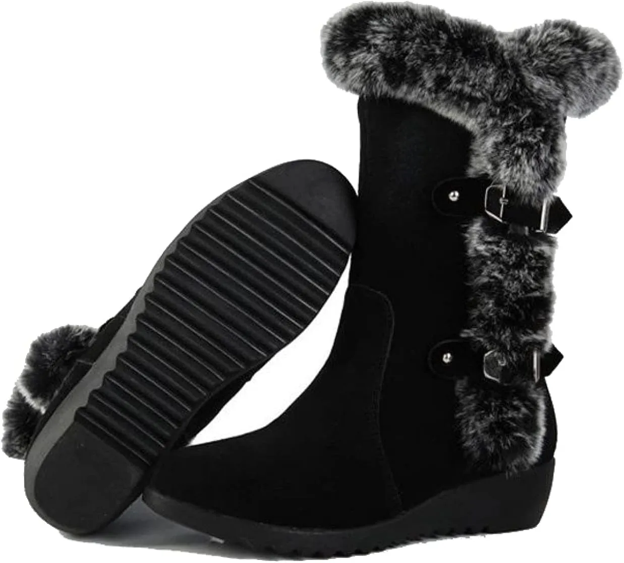 Bcshiye Women's Mid Calf Fashion Winter Snow Boots Cold Weather Furry Fluffy Buckle Ankle Snow Booties Fur Warm Shoes