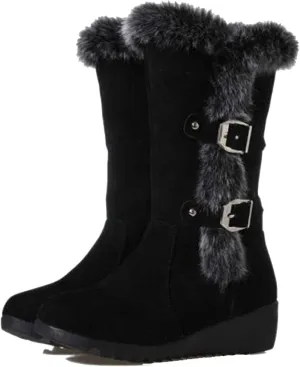 Bcshiye Women's Mid Calf Fashion Winter Snow Boots Cold Weather Furry Fluffy Buckle Ankle Snow Booties Fur Warm Shoes