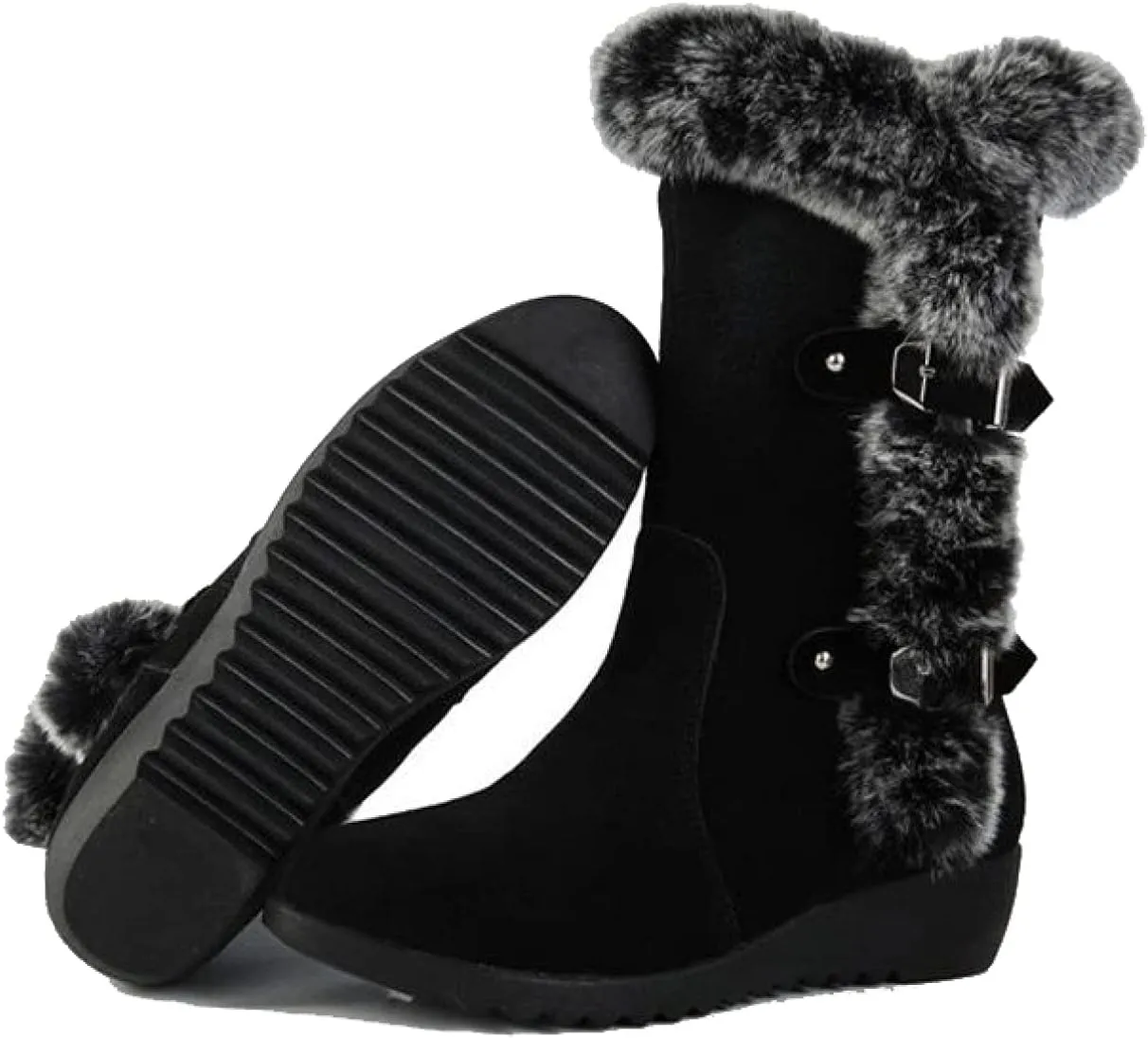 Bcshiye Women's Mid Calf Fashion Winter Snow Boots Cold Weather Furry Fluffy Buckle Ankle Snow Booties Fur Warm Shoes