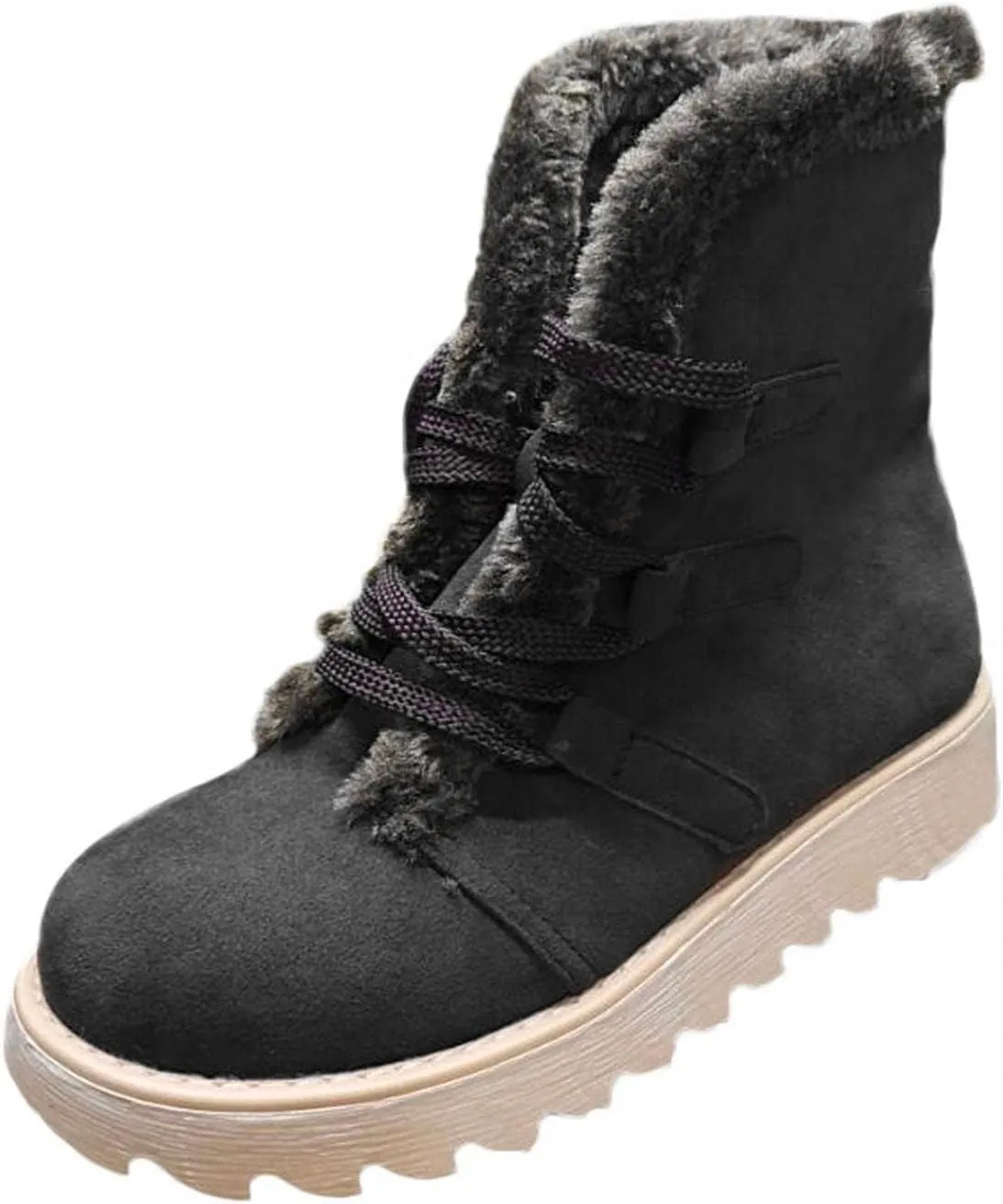 Bcshiye Women's Mid Calf Winter Snow Boots Faux Fur Warm Outdoor Walking Non Slip Casual Flat Lace-up Ankle Booties
