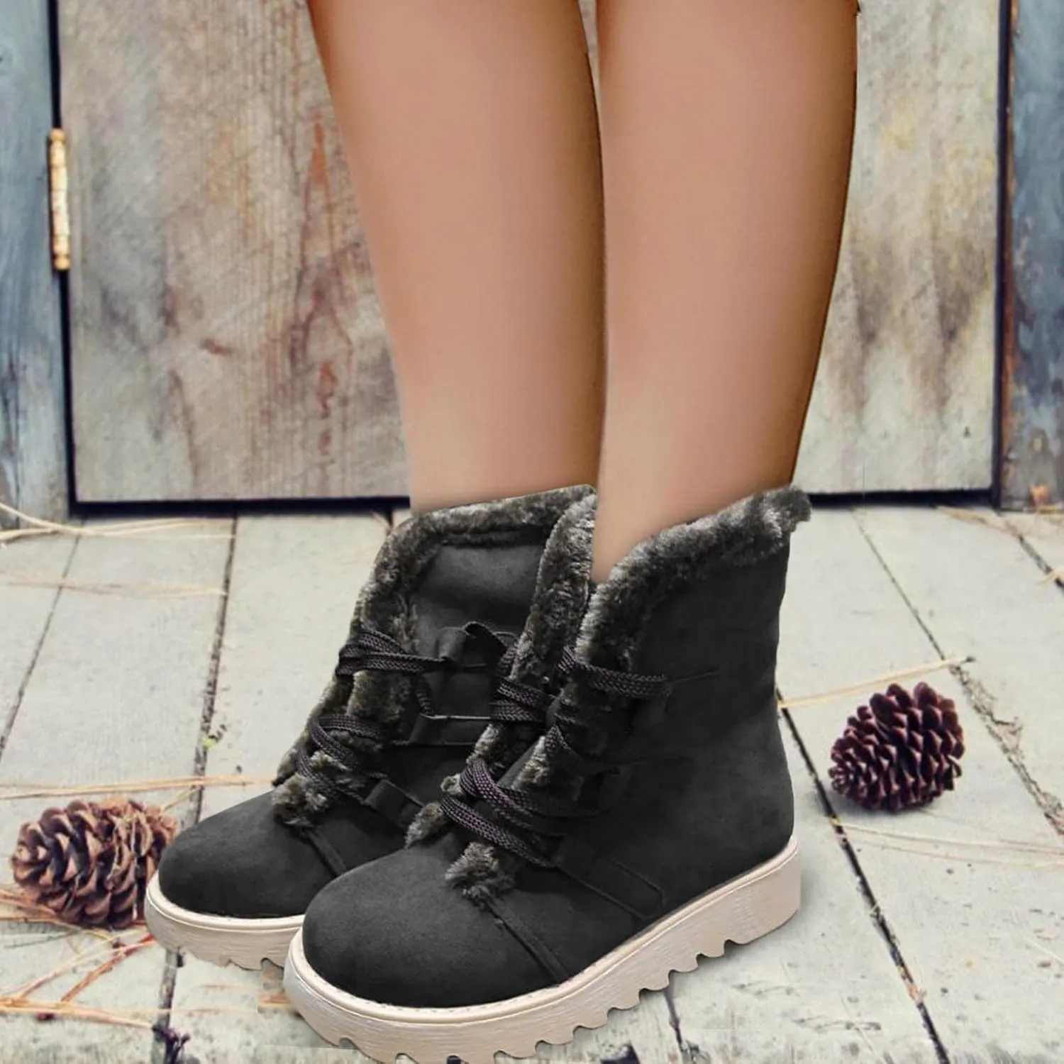 Bcshiye Women's Mid Calf Winter Snow Boots Faux Fur Warm Outdoor Walking Non Slip Casual Flat Lace-up Ankle Booties
