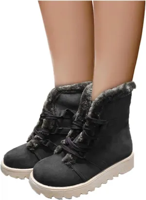 Bcshiye Women's Mid Calf Winter Snow Boots Faux Fur Warm Outdoor Walking Non Slip Casual Flat Lace-up Ankle Booties