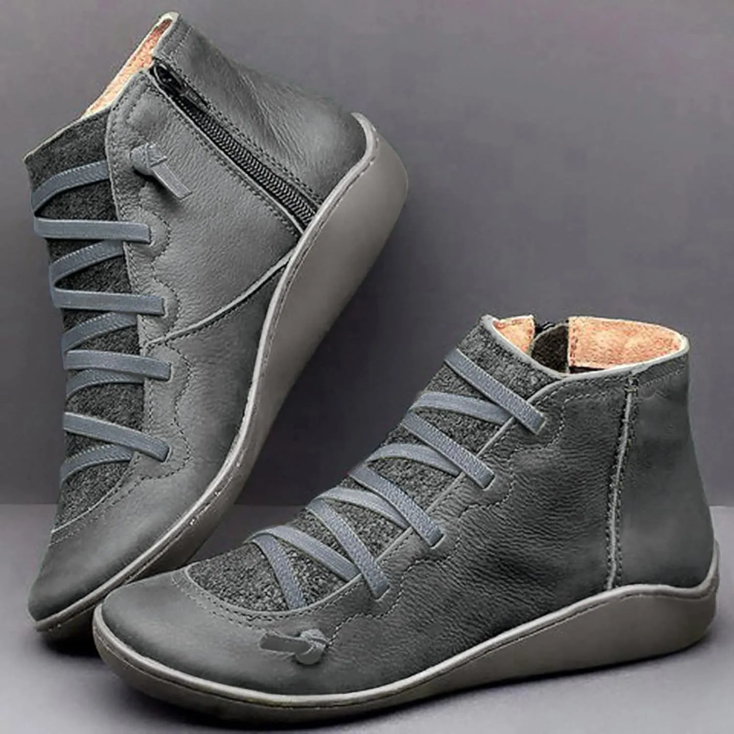 Boots for Women Classic Retro Lace Up Side Zipper Round Toe Womens Boots High Heel Soft Leather Boots