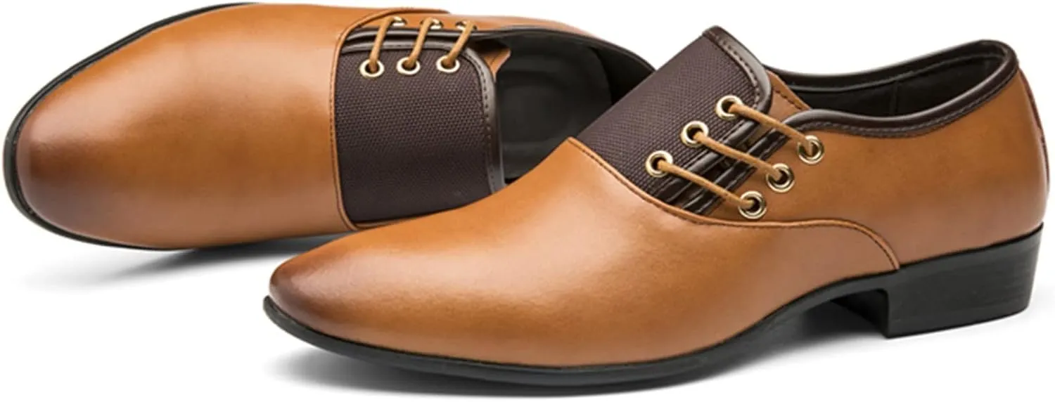 Brown Dress Shoes for Men Wide Width Classical Style Leather Shoes for Men Slip On PU Leather Low Rubber Sole Block Heel Work Business Shoes Men Casual Brown Leather