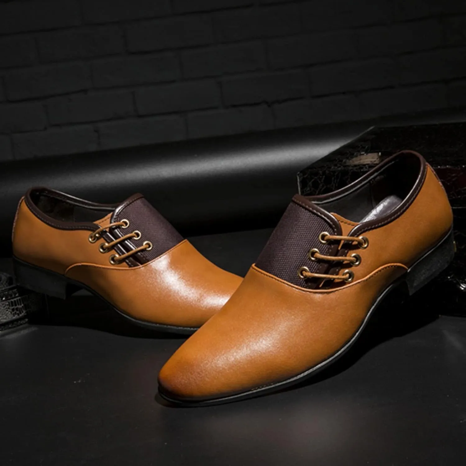 Brown Dress Shoes for Men Wide Width Classical Style Leather Shoes for Men Slip On PU Leather Low Rubber Sole Block Heel Work Business Shoes Men Casual Brown Leather