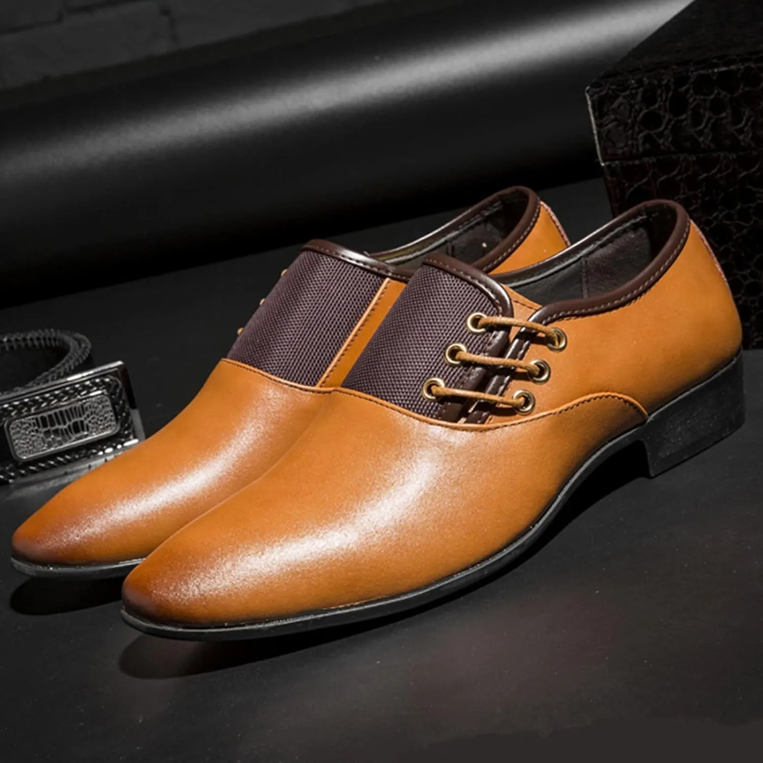 Brown Dress Shoes for Men Wide Width Classical Style Leather Shoes for Men Slip On PU Leather Low Rubber Sole Block Heel Work Business Shoes Men Casual Brown Leather