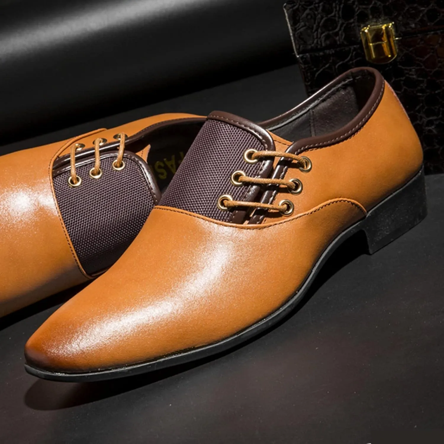 Brown Dress Shoes for Men Wide Width Classical Style Leather Shoes for Men Slip On PU Leather Low Rubber Sole Block Heel Work Business Shoes Men Casual Brown Leather