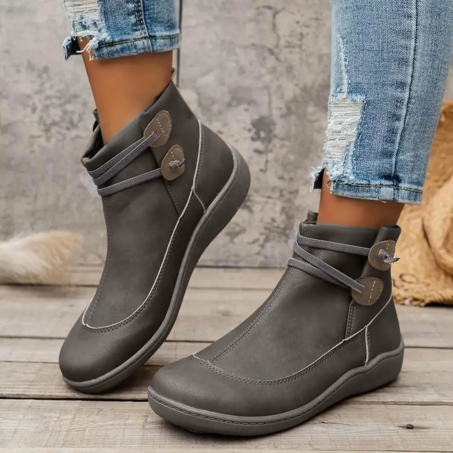 Cathalem Boots for Women Premium Orthopedic Ankle Boots Arch Support Leather Comfortable Side Zip Wedge Booties