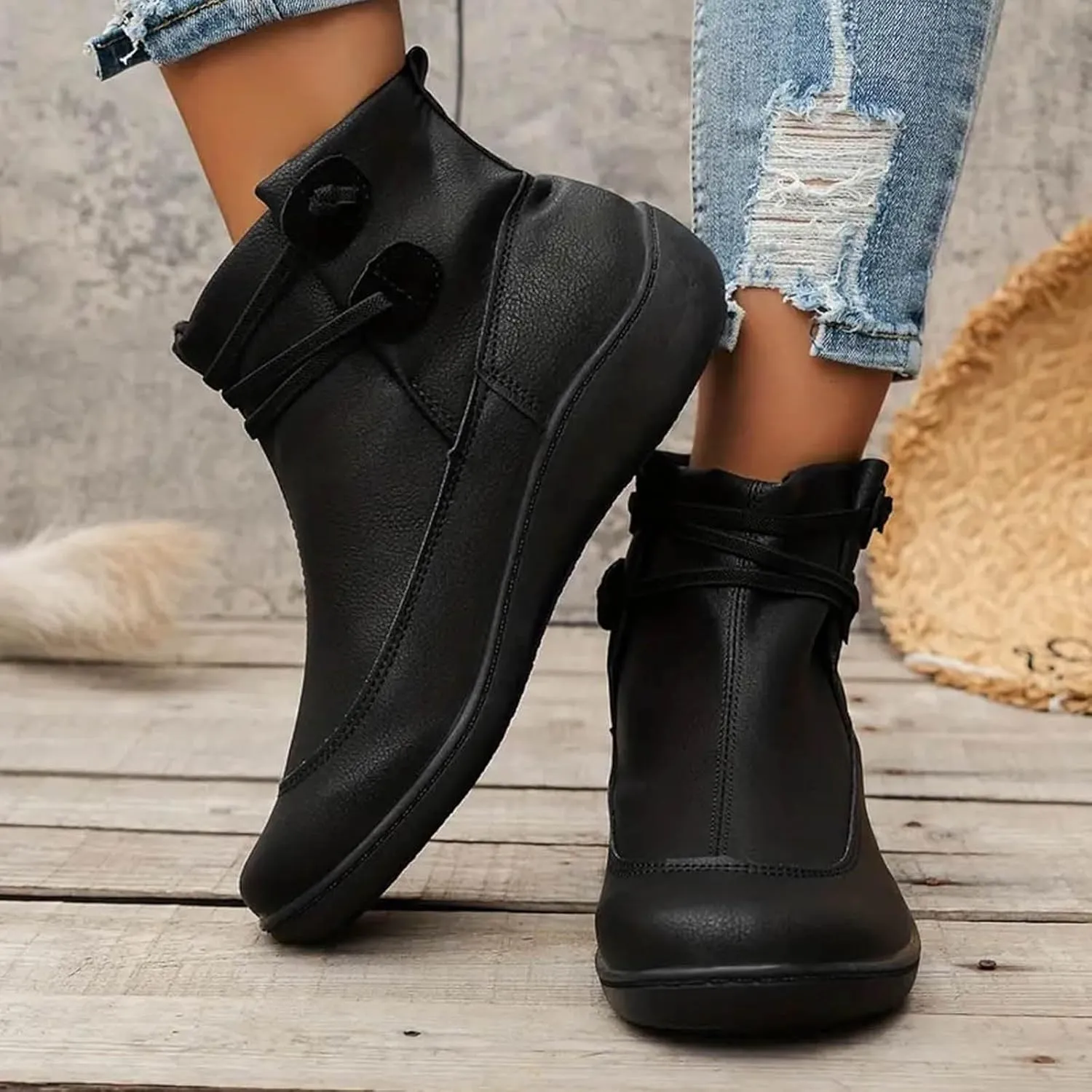 Cathalem Boots for Women Premium Orthopedic Ankle Boots Arch Support Leather Comfortable Side Zip Wedge Booties