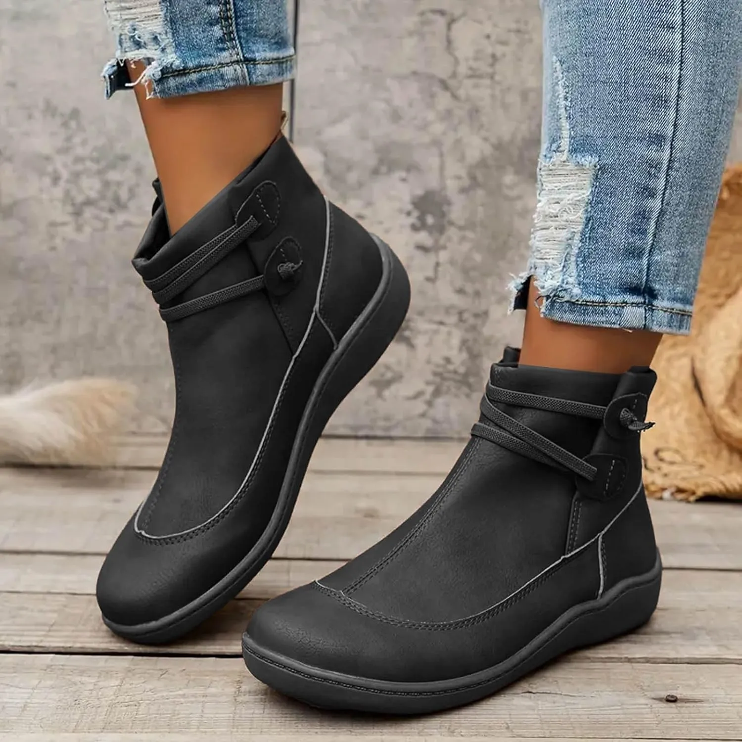 Cathalem Boots for Women Premium Orthopedic Ankle Boots Arch Support Leather Comfortable Side Zip Wedge Booties