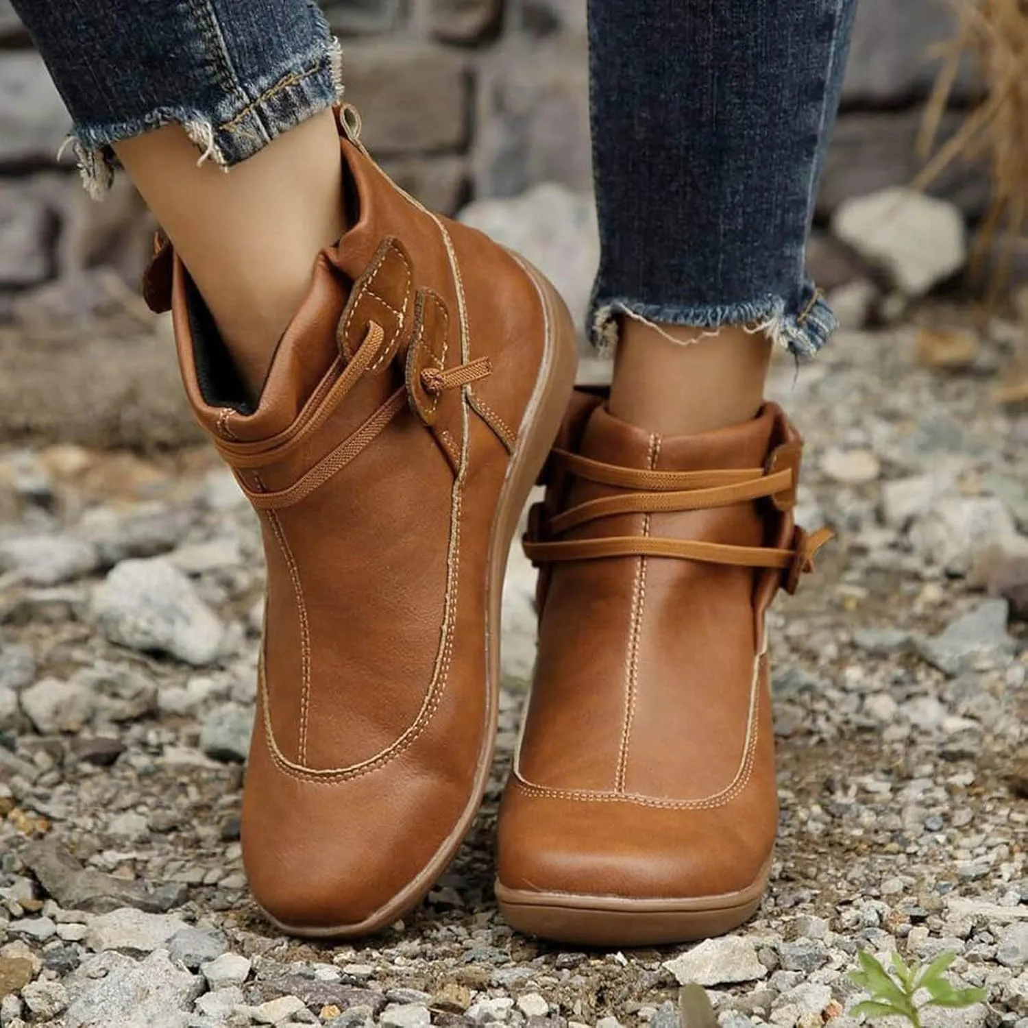Cathalem Boots for Women Premium Orthopedic Ankle Boots Arch Support Leather Comfortable Side Zip Wedge Booties
