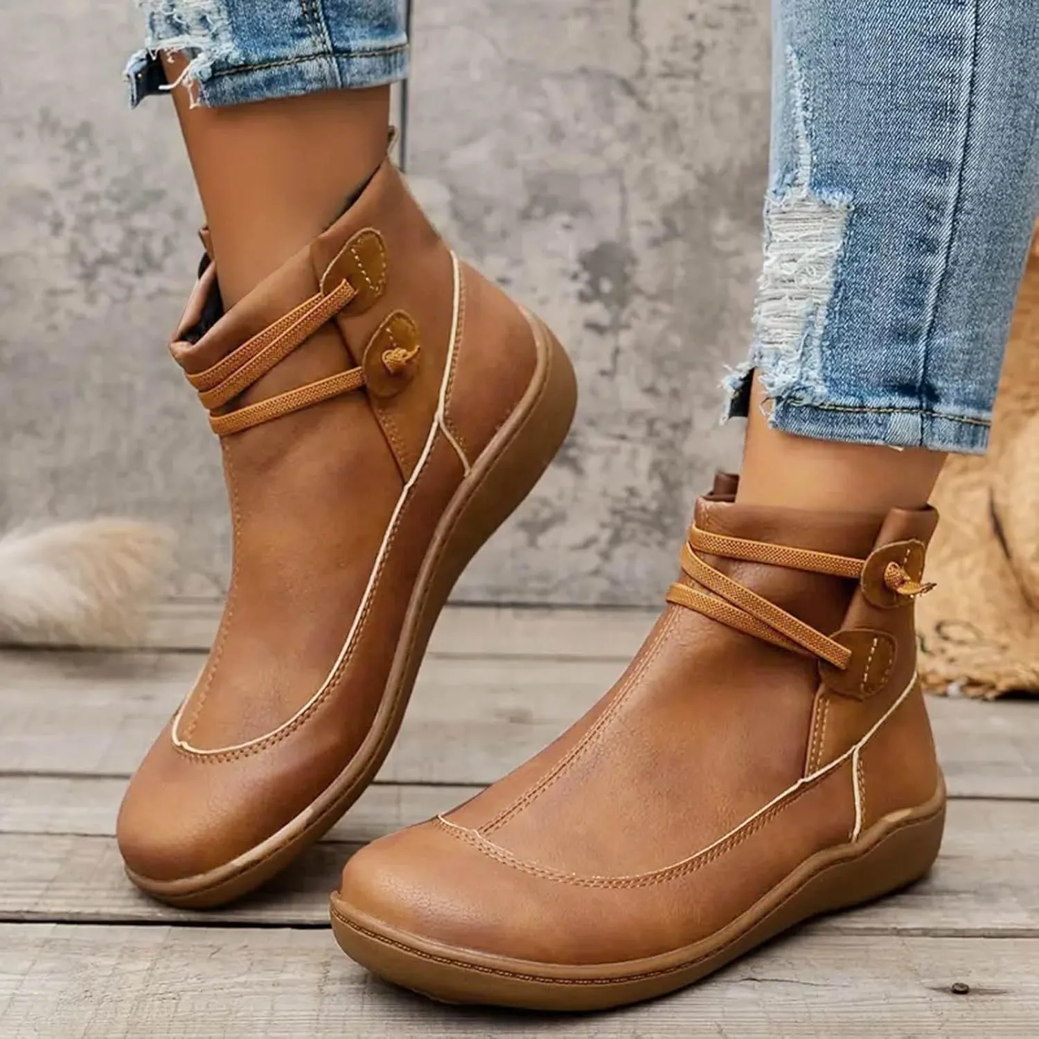Cathalem Boots for Women Premium Orthopedic Ankle Boots Arch Support Leather Comfortable Side Zip Wedge Booties