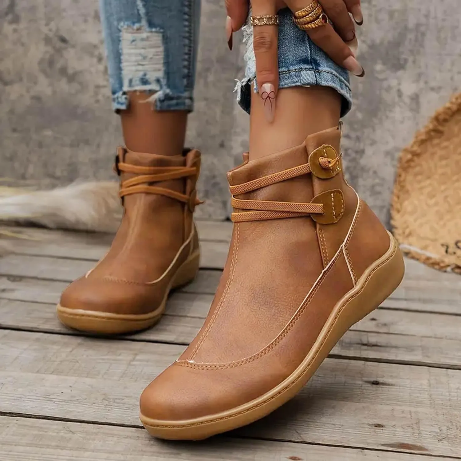Cathalem Boots for Women Premium Orthopedic Ankle Boots Arch Support Leather Comfortable Side Zip Wedge Booties
