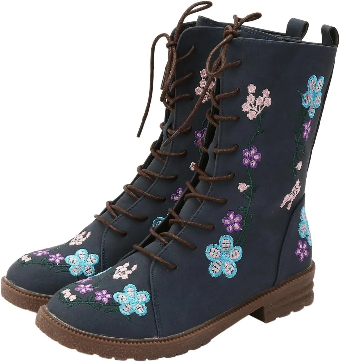 Cathalem Combat Boots For Women Ethnic Vintage Flower Design Lace Up Leather Chunky Block Mid Heels Ankle Booties