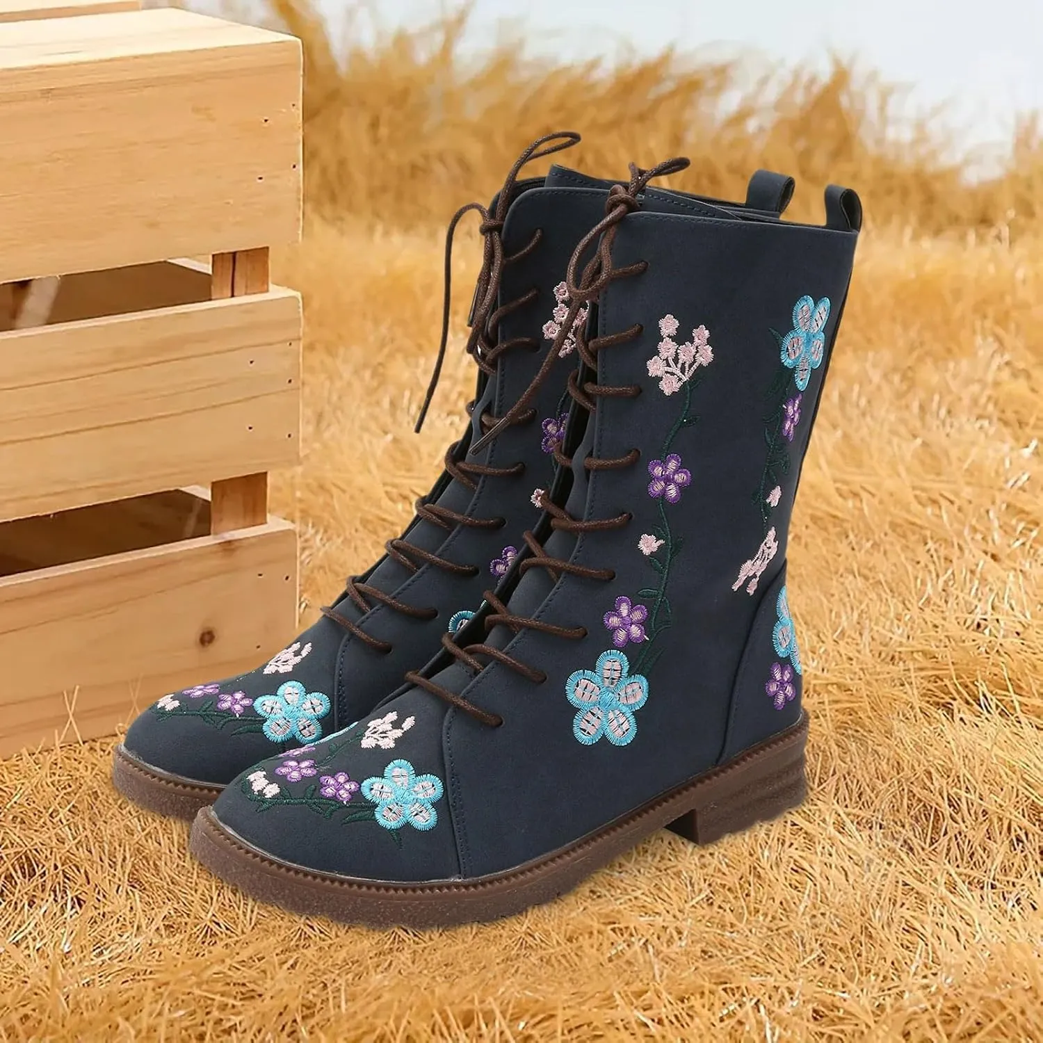 Cathalem Combat Boots For Women Ethnic Vintage Flower Design Lace Up Leather Chunky Block Mid Heels Ankle Booties
