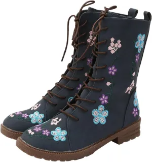 Cathalem Combat Boots For Women Ethnic Vintage Flower Design Lace Up Leather Chunky Block Mid Heels Ankle Booties
