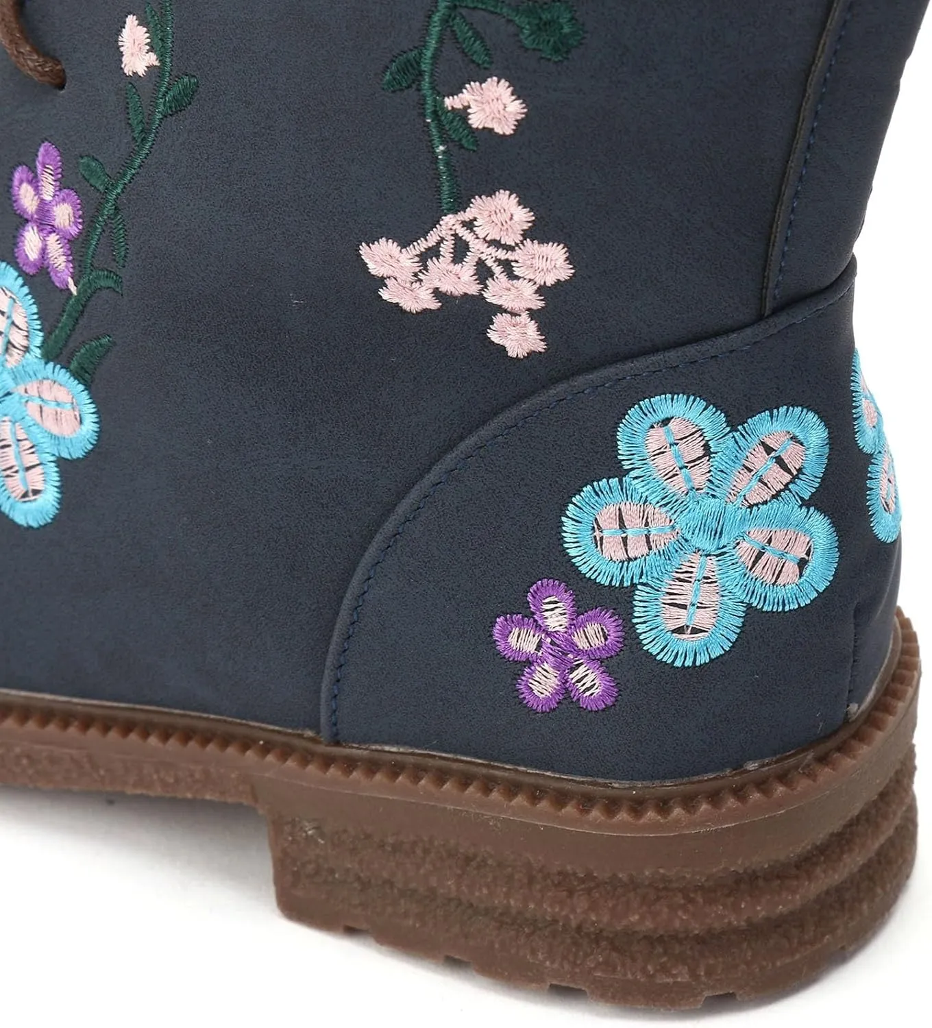 Cathalem Combat Boots For Women Ethnic Vintage Flower Design Lace Up Leather Chunky Block Mid Heels Ankle Booties
