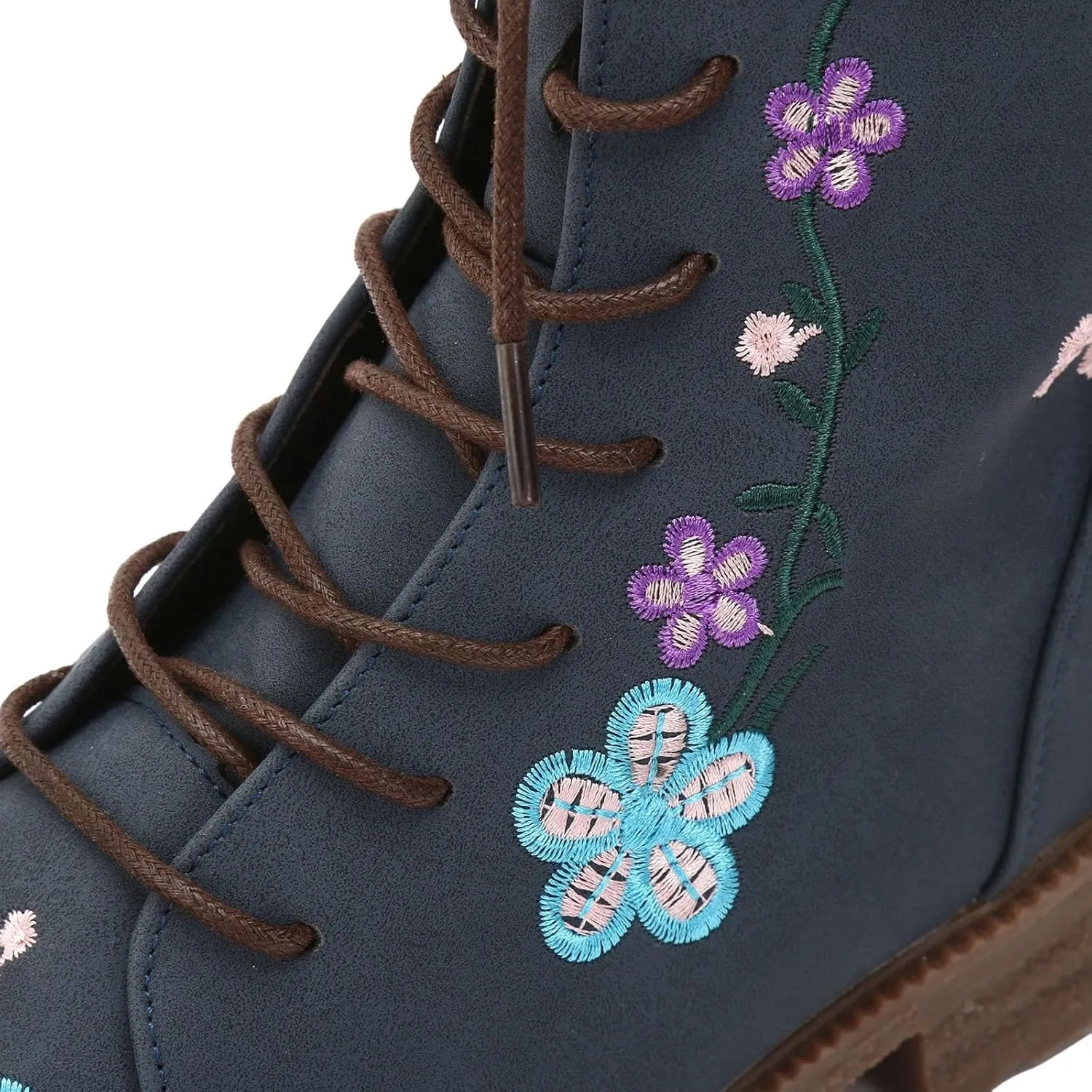 Cathalem Combat Boots For Women Ethnic Vintage Flower Design Lace Up Leather Chunky Block Mid Heels Ankle Booties