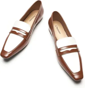 C.Paravano Penny Loafers for Women Formal Dress Square Toe Flats Slip on Loafer Shoes Brown Comfort Loafer for Business Casual Wear(B-Brown,Size 7)