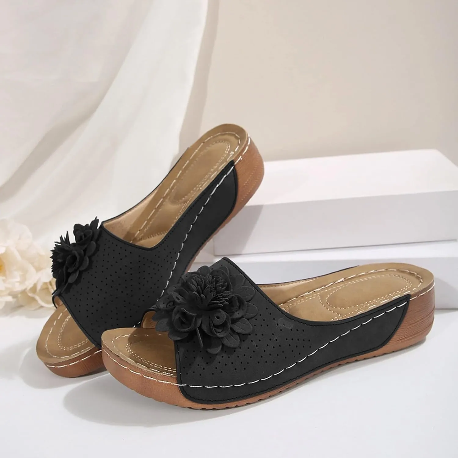 Flowers Orthopedic Sandals for Women Arch Support Fish Mouth Open Toe Leather Slippers Wedge Platform Sandal